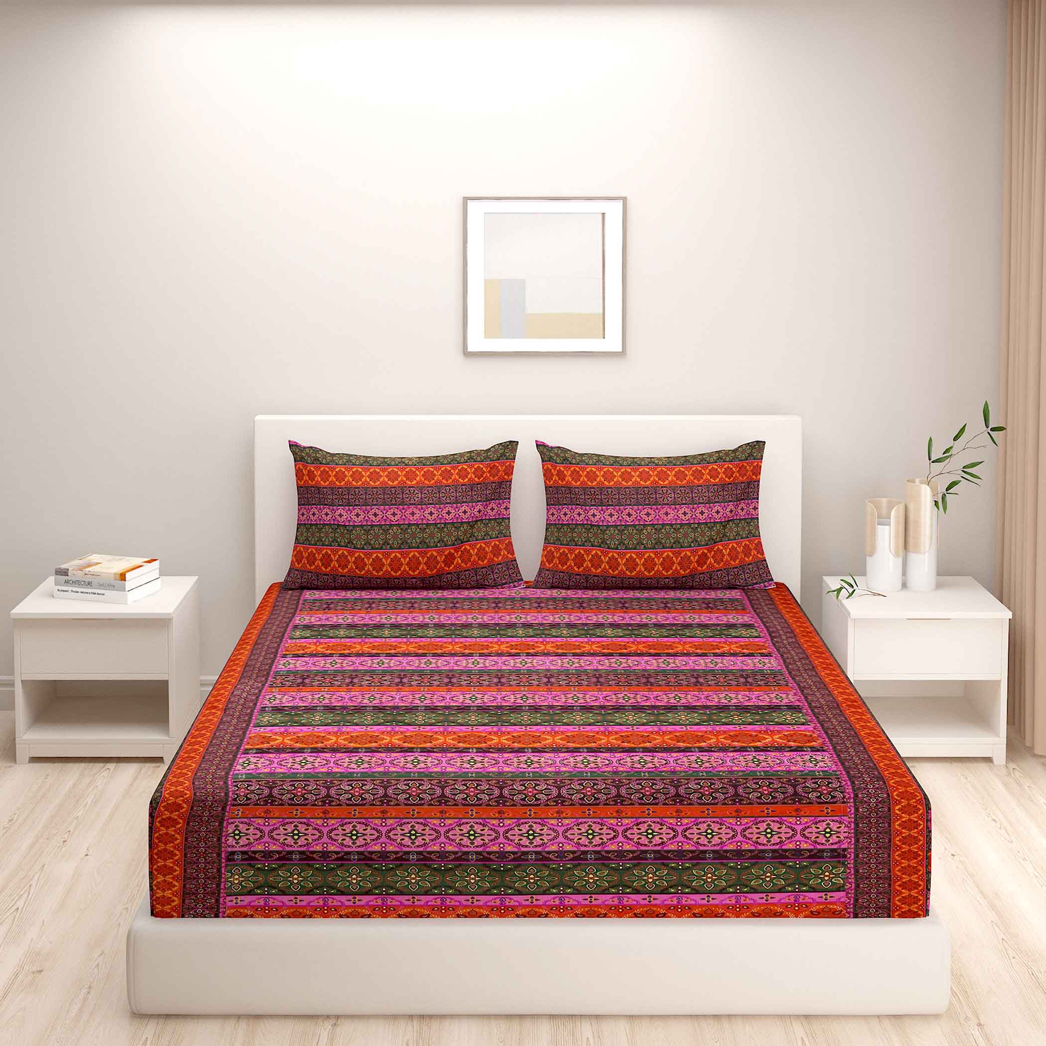 Sunset Kaleidoscope – 200TC Pure Cotton King Fitted Bedsheet (72x78x10 Inches)