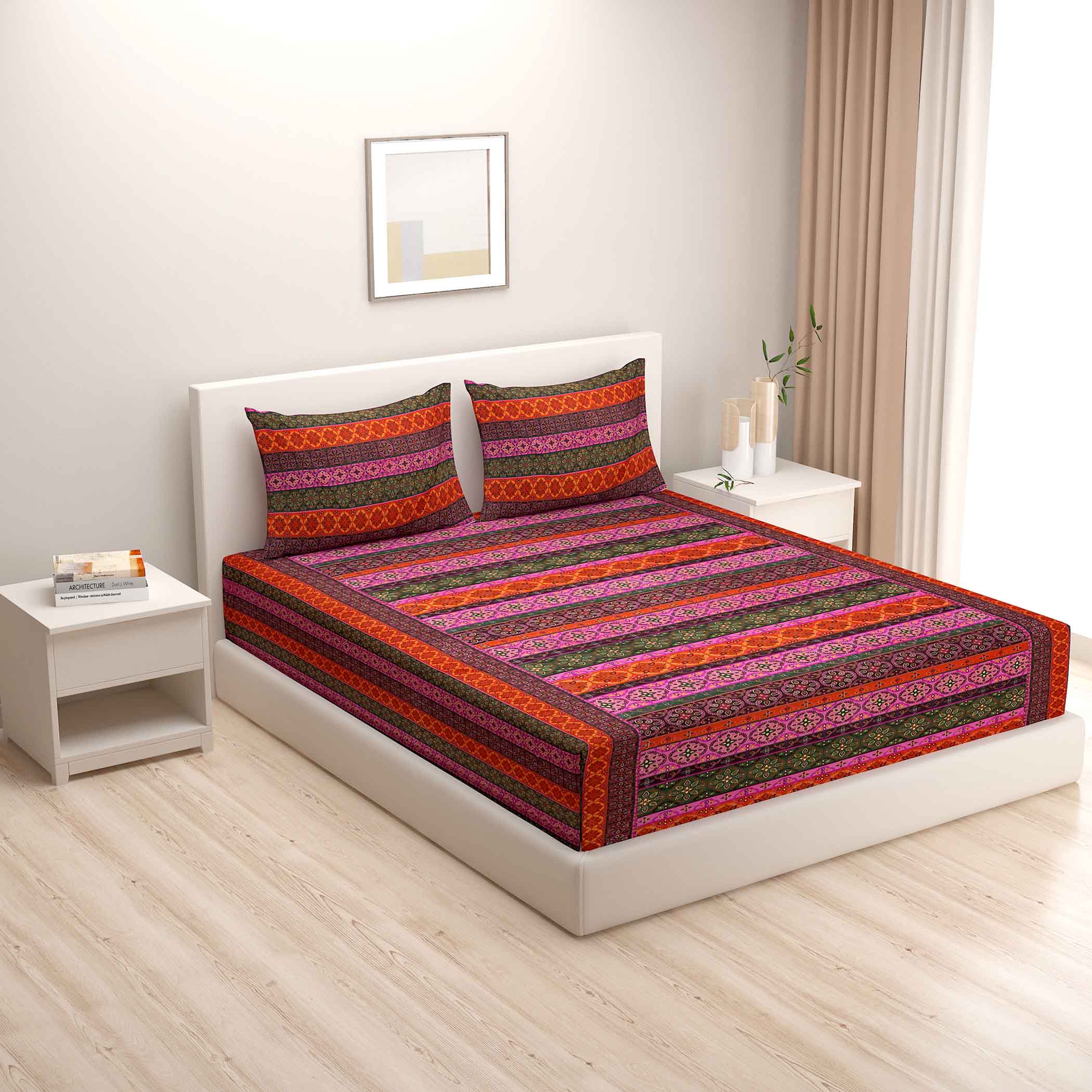 Sunset Kaleidoscope – 200TC Pure Cotton Queen Fitted Bedsheet (60x73x10 Inches)