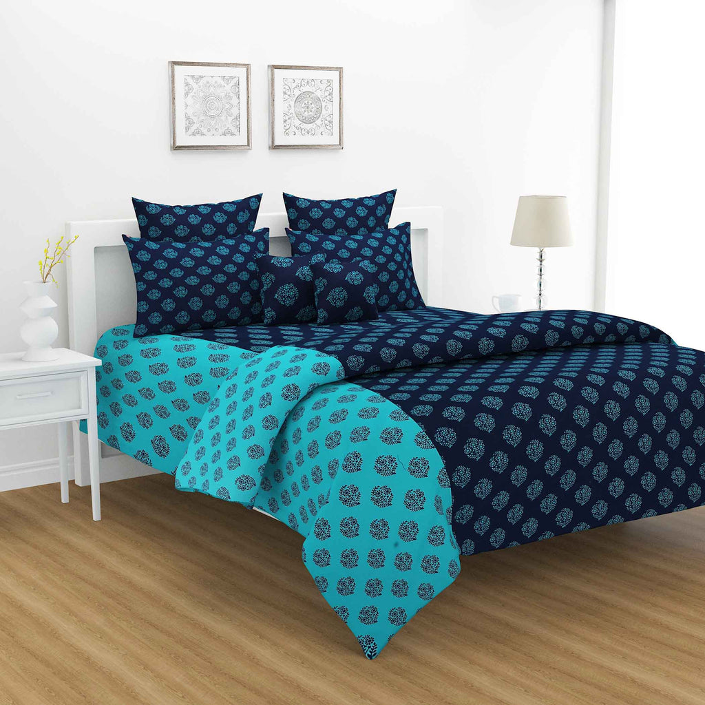 Indigo Oasis - Traditional Buti 200TC Cotton King Fitted Bedsheet (72x78x10 Inches)