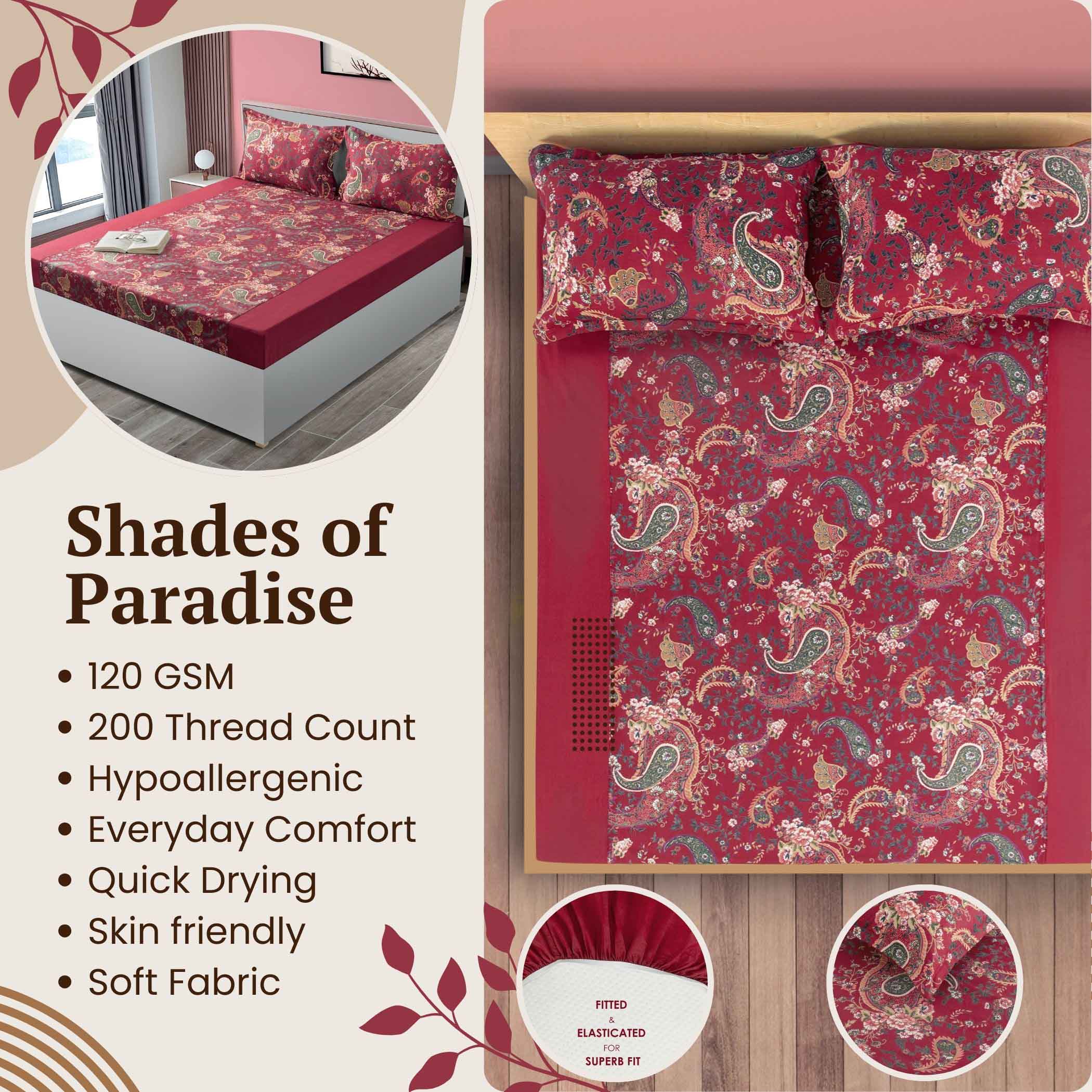 Paisleys in Crimson Garden - 200TC Cotton King Fitted Bedsheet (72x78x10 Inches)