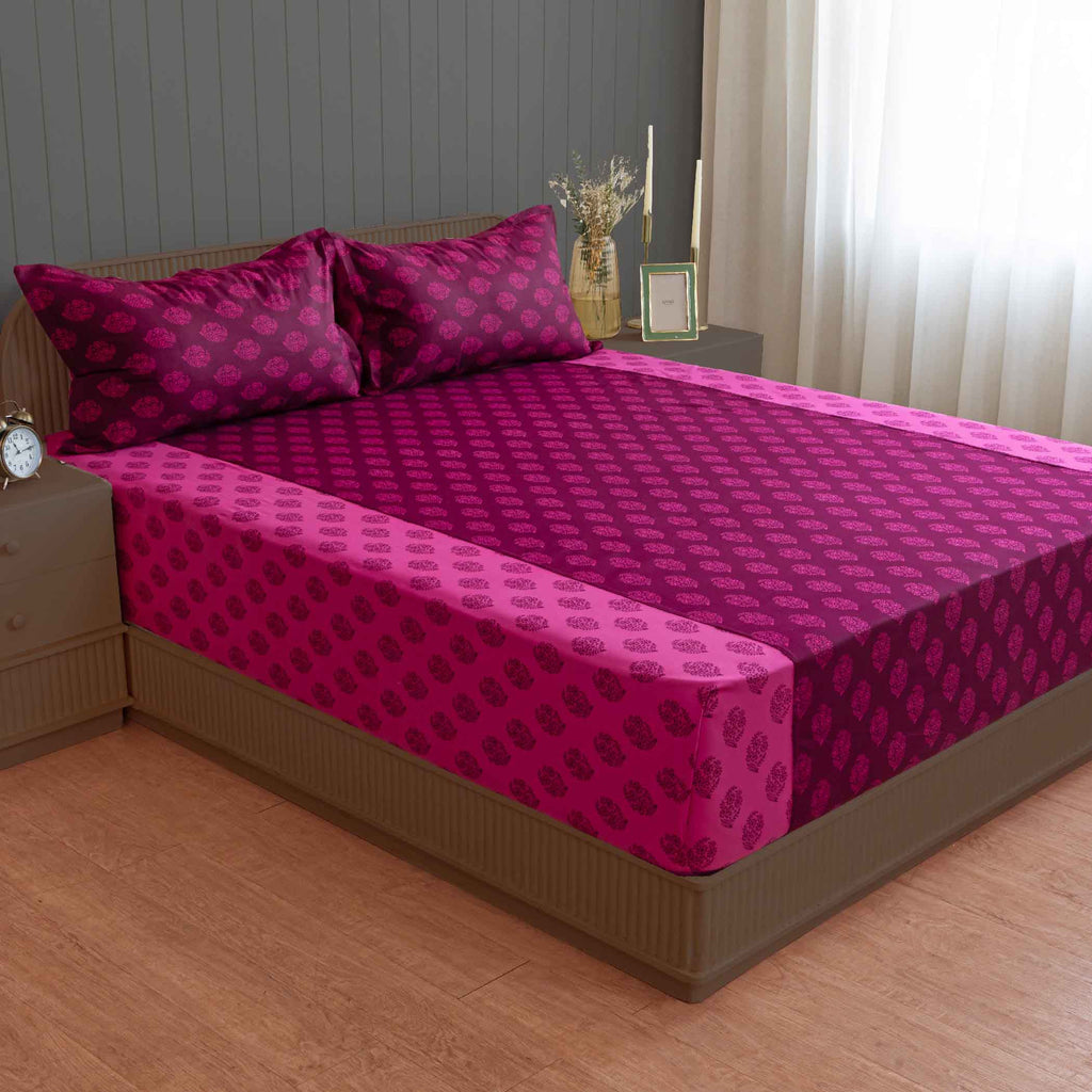Magenta Mirage - Ethnic Buti 200TC Cotton Queen Fitted Bedsheet (60x73x10 Inches)