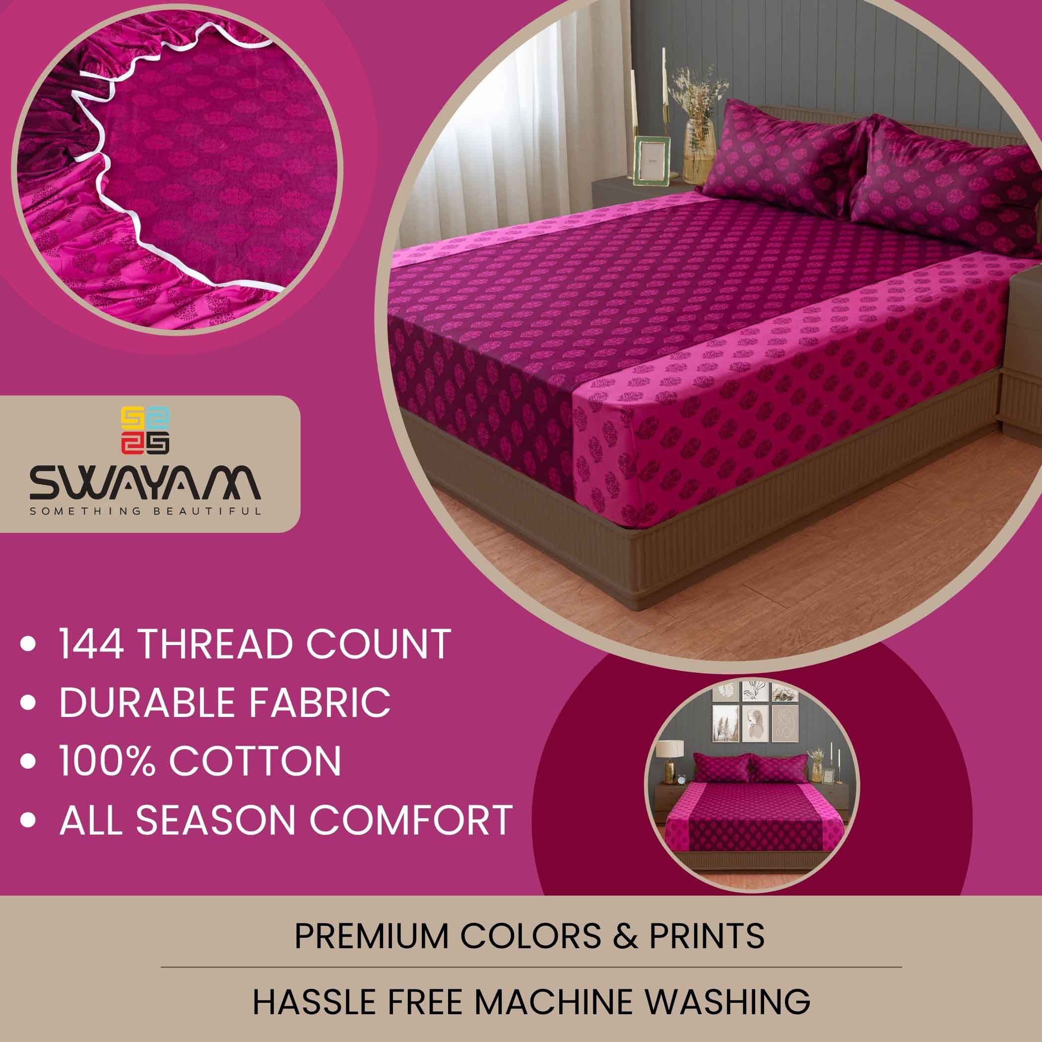 Magenta Mirage - Ethnic Buti 200TC Cotton Queen Fitted Bedsheet (60x73x10 Inches)