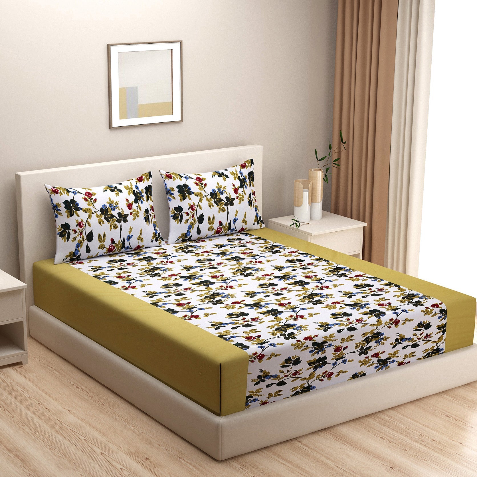 Olive Garden Floral Pure Cotton 200 TC King Fitted Bedsheet with 2 Pillow Covers (72x78x10 Inches)