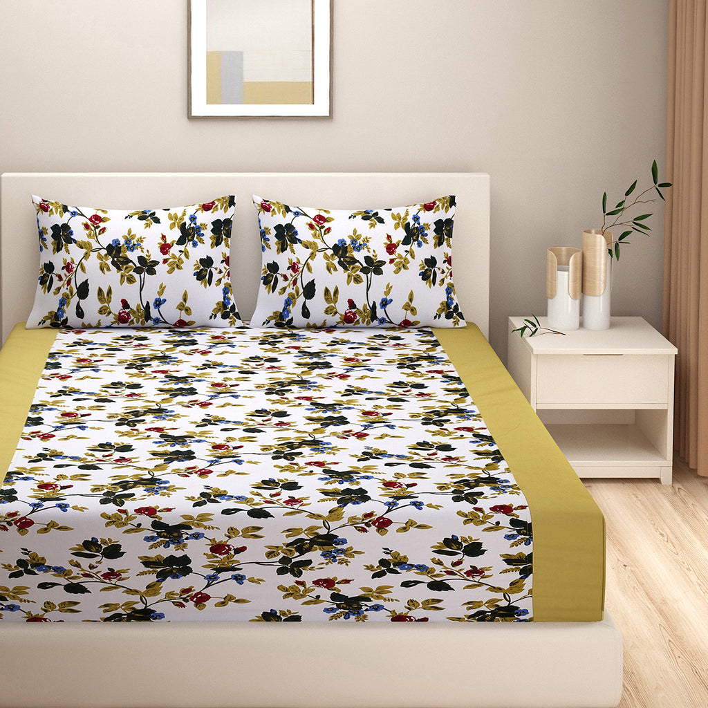 Olive Garden Floral Pure Cotton 200 TC King Fitted Bedsheet with 2 Pillow Covers (72x78x10 Inches)