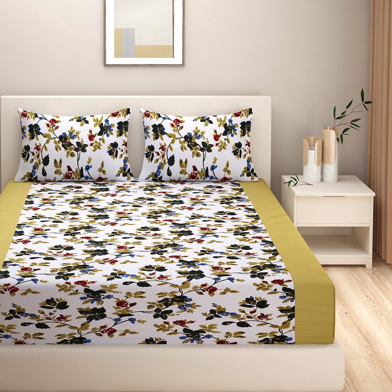 Olive Garden Floral Pure Cotton 200 TC King Fitted Bedsheet with 2 Pillow Covers (72x78x10 Inches)