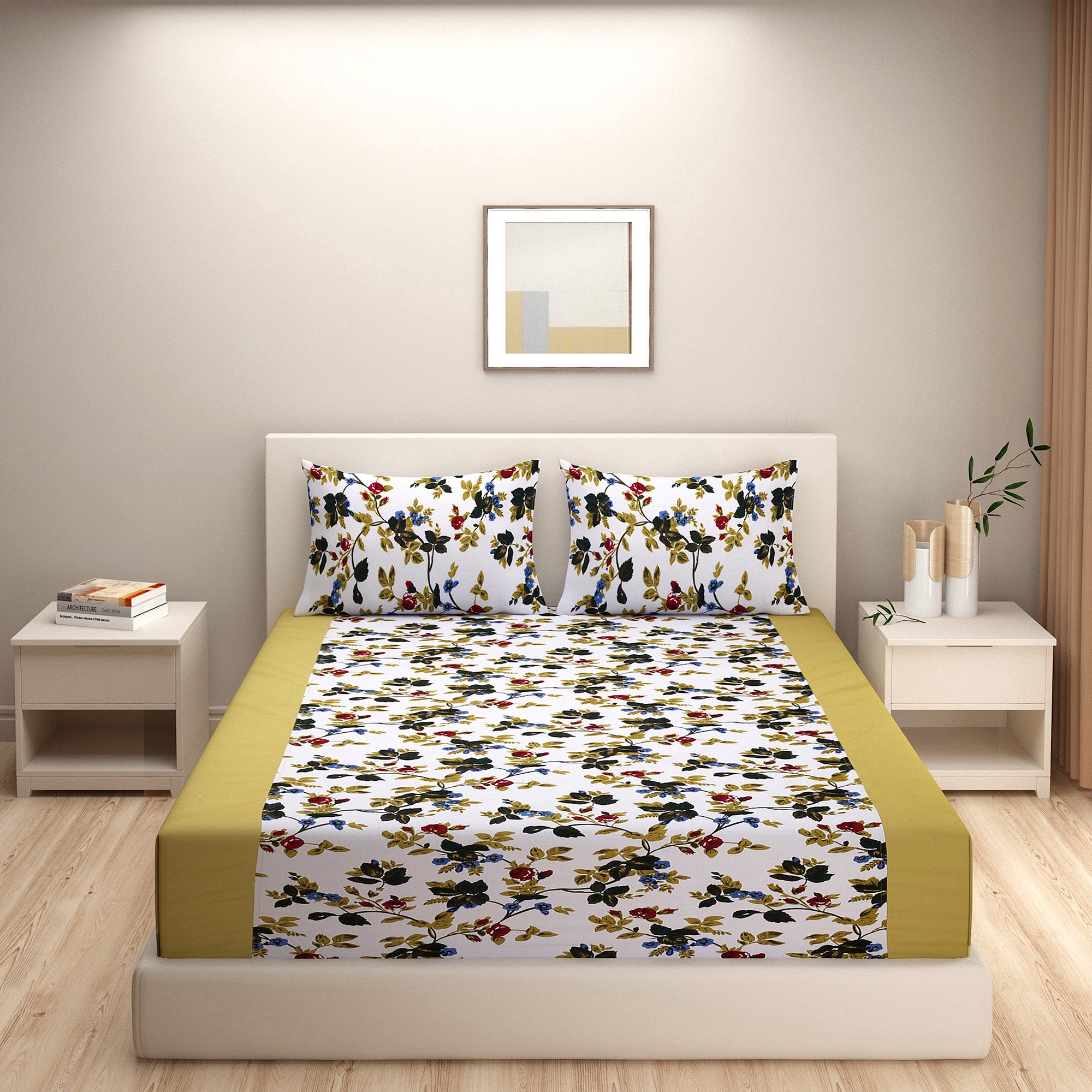Olive Garden Floral Pure Cotton 200 TC King Fitted Bedsheet with 2 Pillow Covers (72x78x10 Inches)