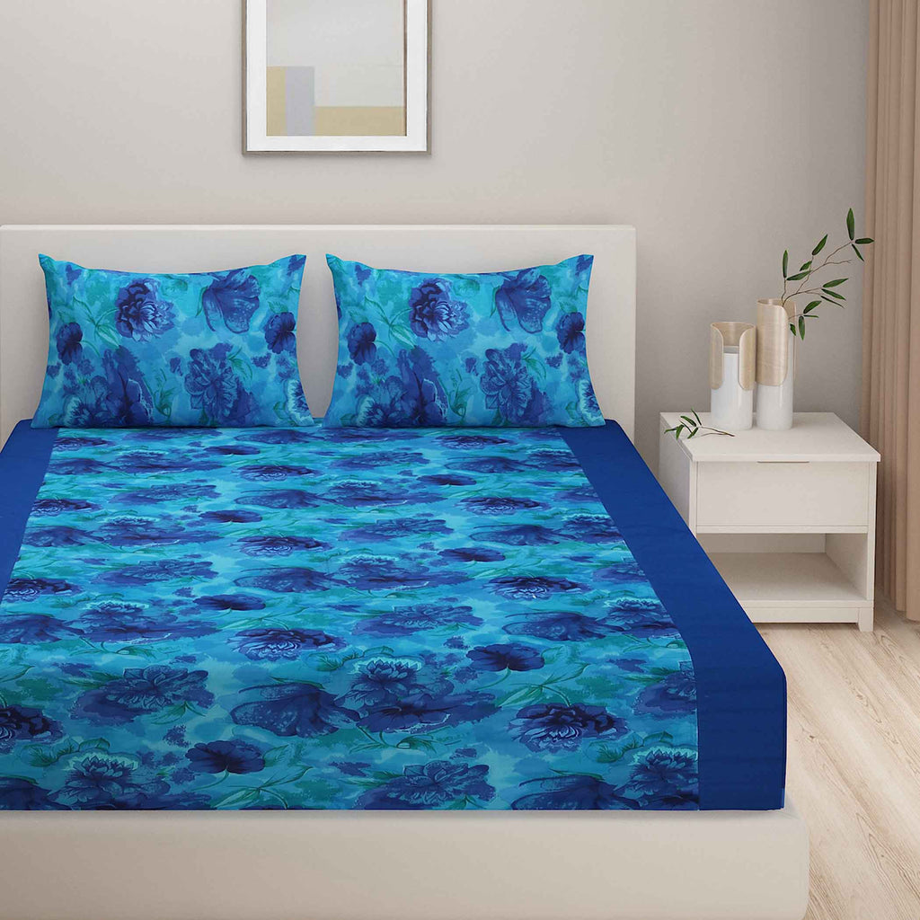 Oceanic Embrace - Deep Blue Floral 200TC Cotton King Fitted Bedsheet (72x78x10 Inches)