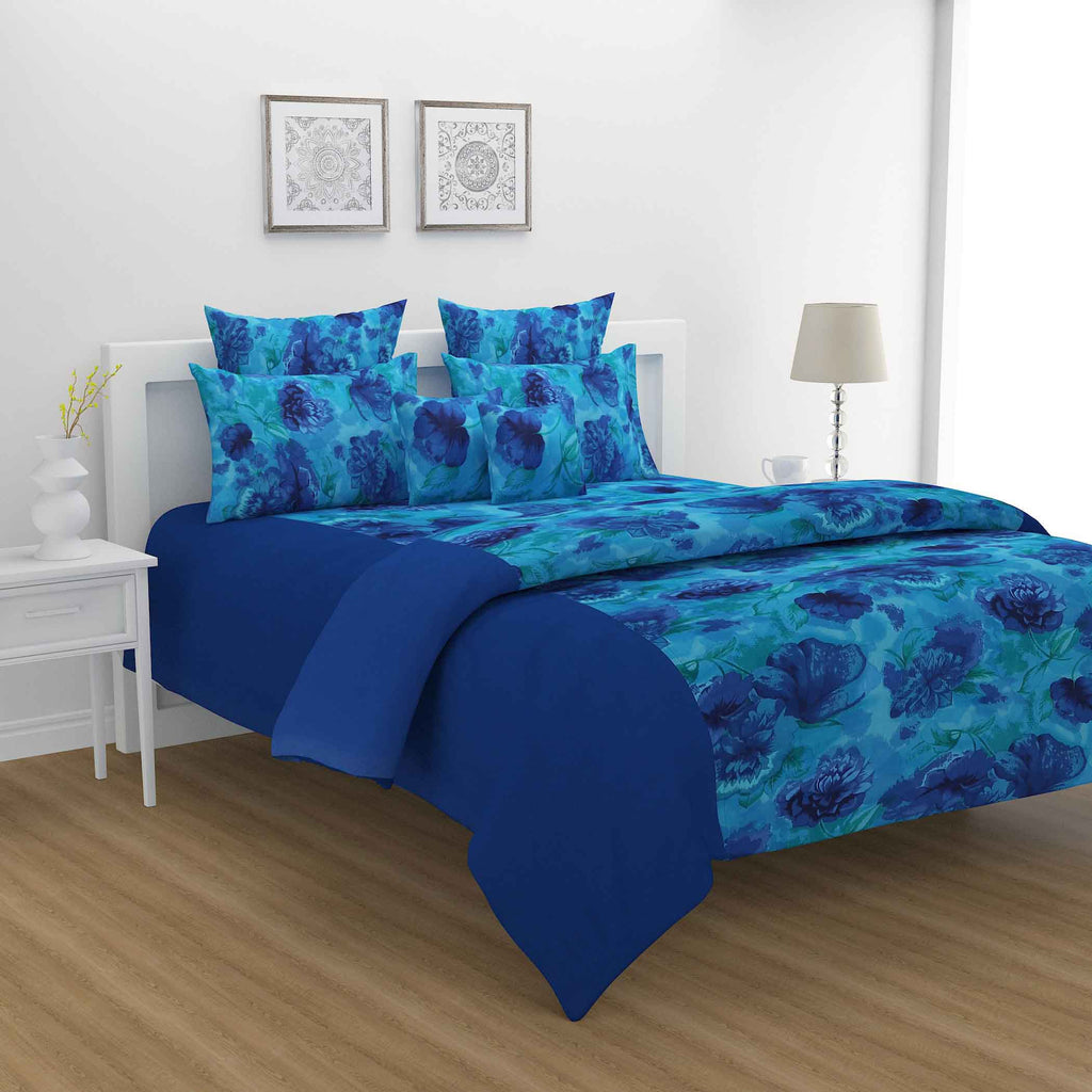 Oceanic Embrace - Deep Blue Floral 200TC Cotton King Fitted Bedsheet (72x78x10 Inches)