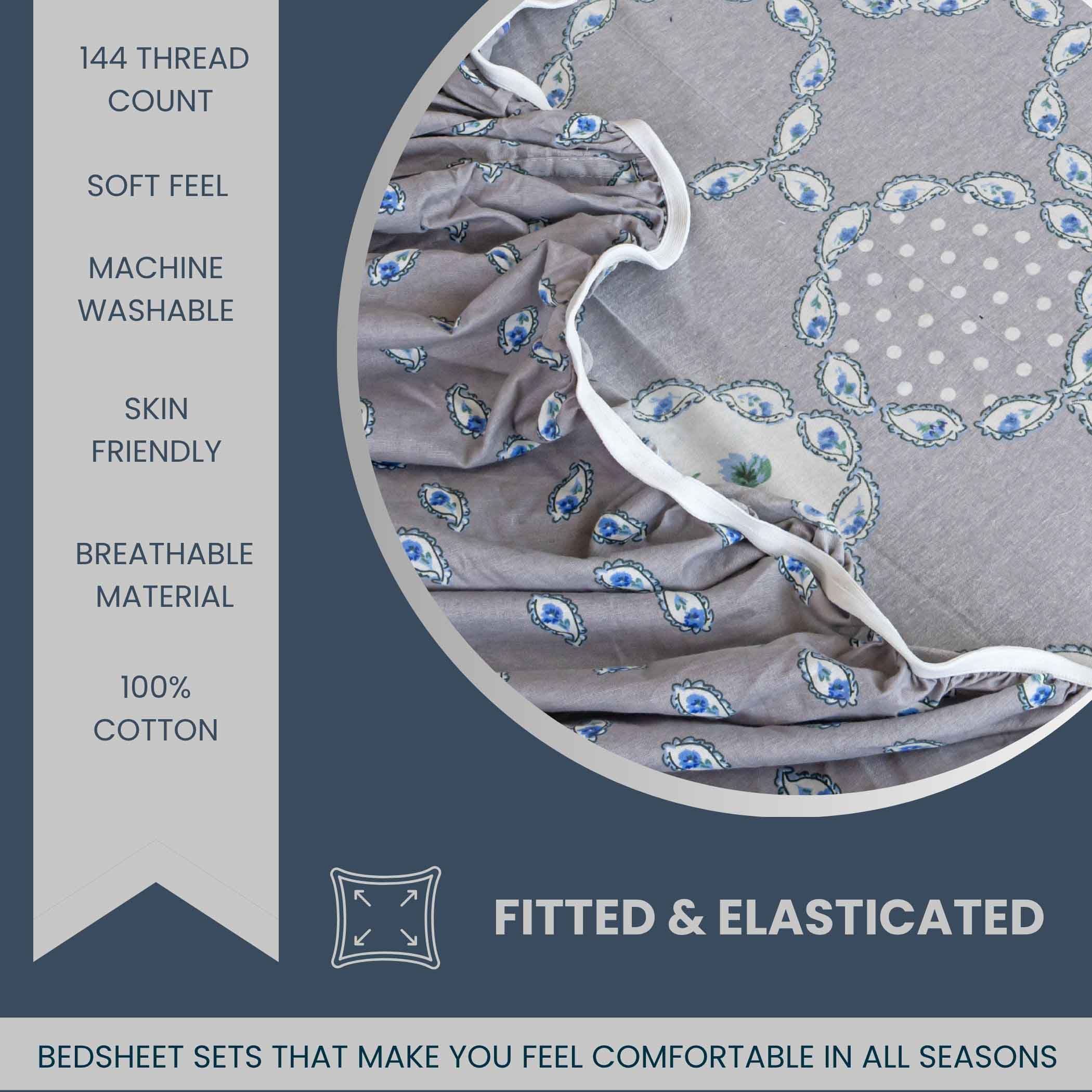 Misty Manor Paisley - European Grace 144TC Roto Cotton King Fitted Bedsheet (72x78x10 Inches)