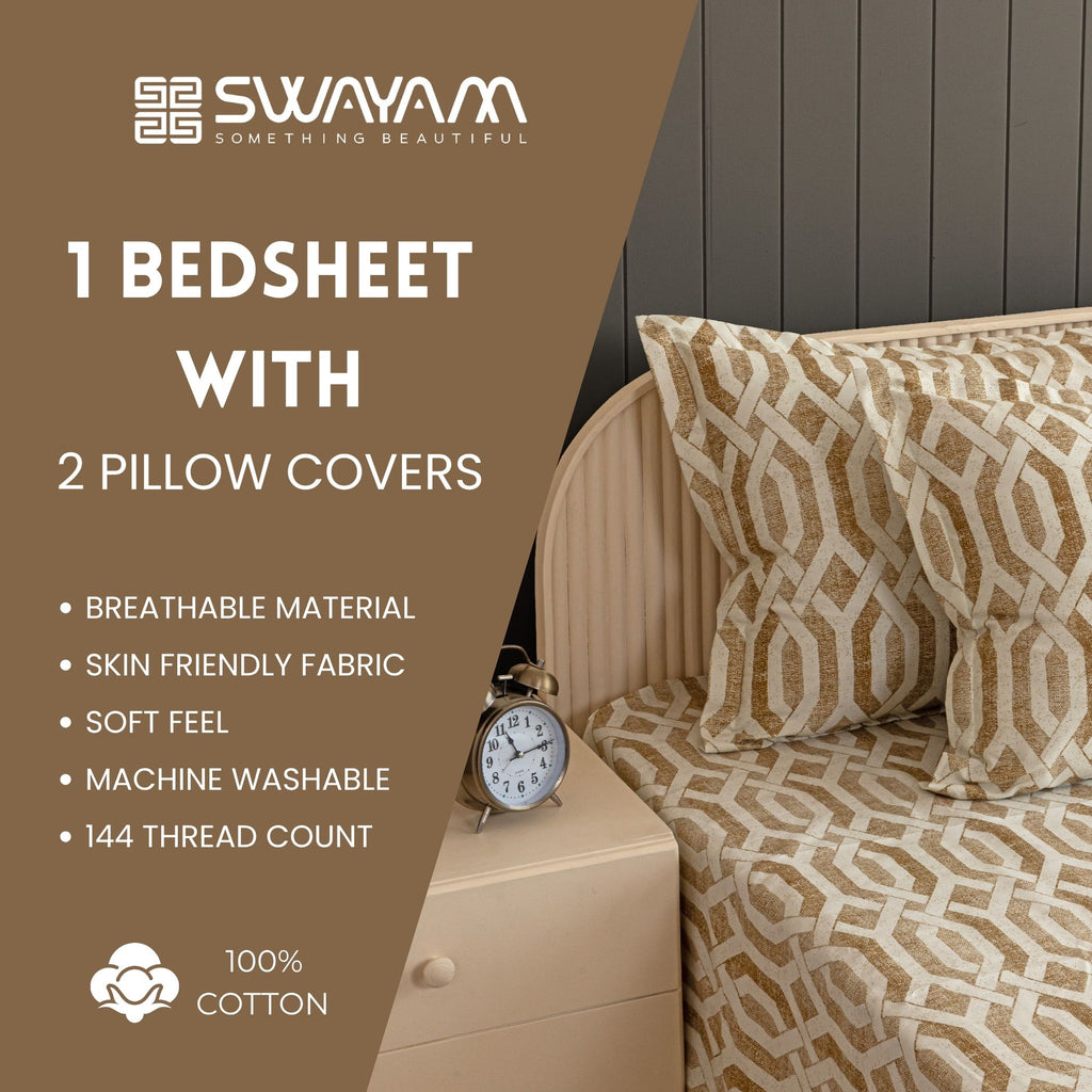 Honeyed Hexagon - Regal 144TC Cotton in Earthy Brown Queen Fitted Bedsheet (60x73x10 Inches)