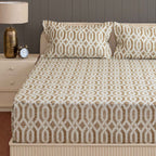 Honeyed Hexagon - Regal 144TC Cotton in Earthy Brown Queen Fitted Bedsheet (60x73x10 Inches)