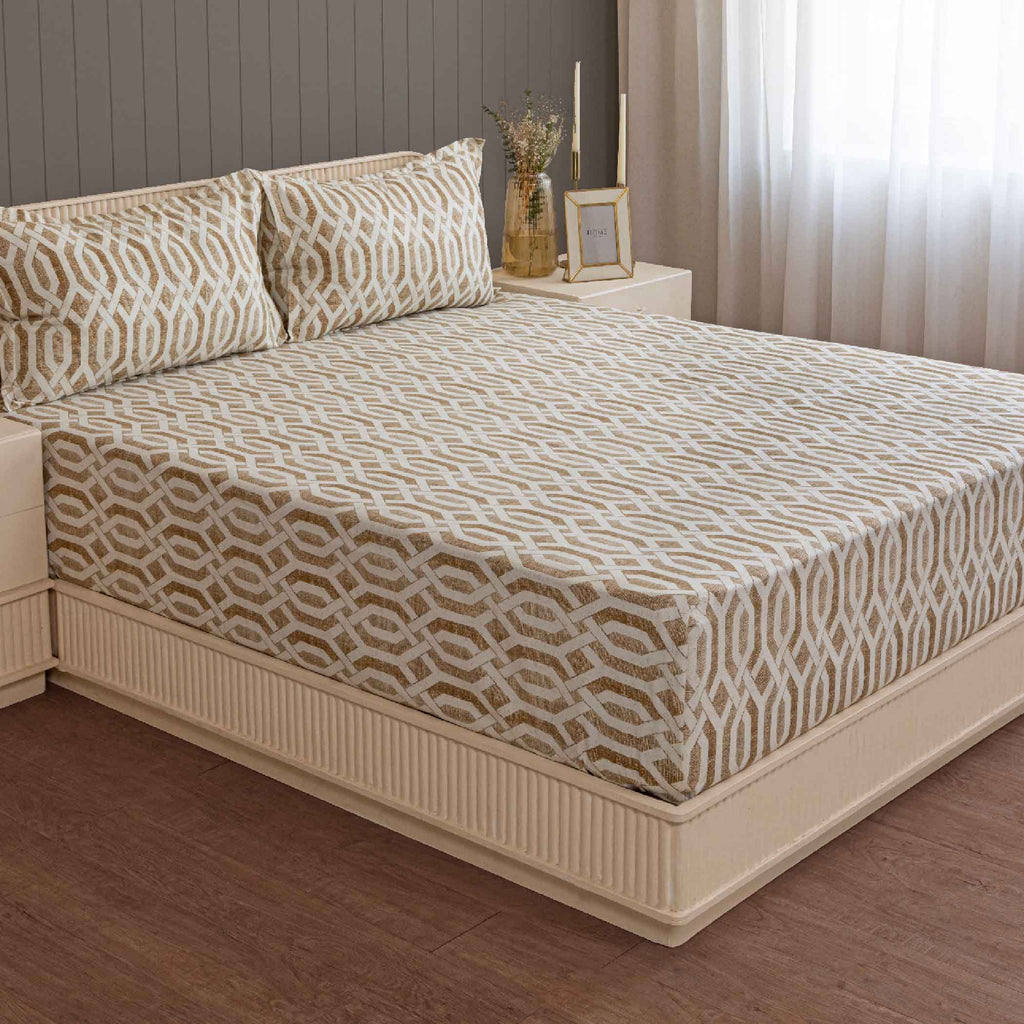 Honeyed Hexagon - Regal 144TC Cotton in Earthy Brown Queen Fitted Bedsheet (60x73x10 Inches)