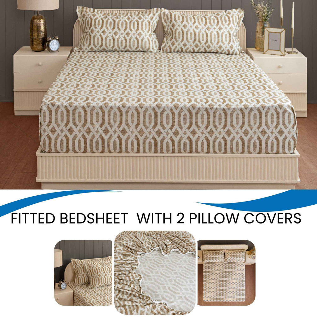 Honeyed Hexagon - Regal 144TC Cotton in Earthy Brown Queen Fitted Bedsheet (60x73x10 Inches)