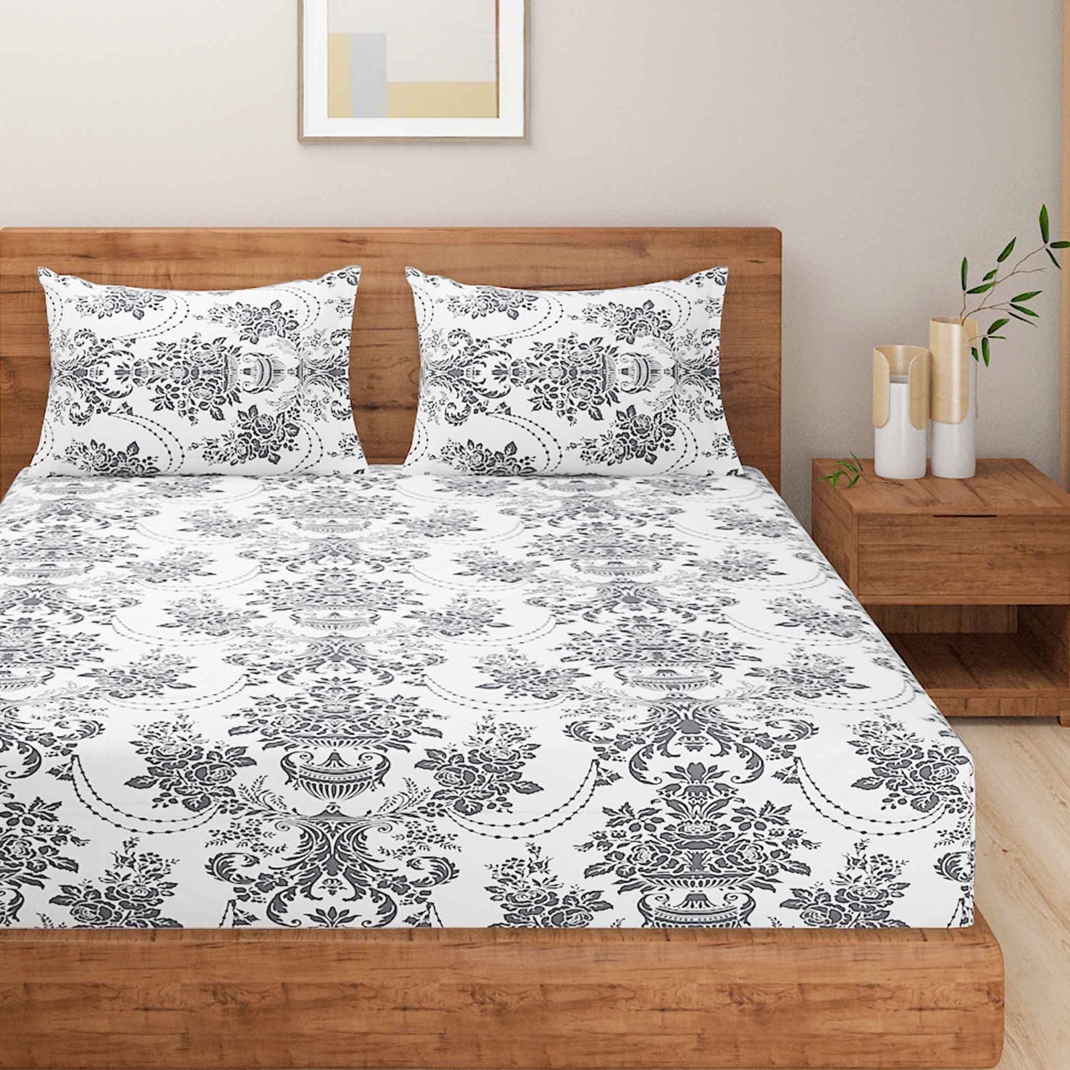 Elegant Majesty - Soft Pink 120TC 100% Cotton Floral Queen Fitted Bedsheet (60x73x10 Inches)