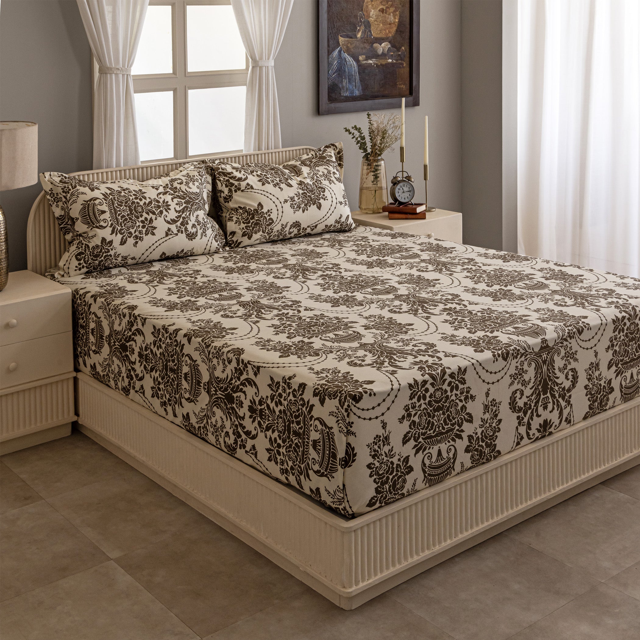 Baroque Splendor - Classic 144TC Roto Cotton Ethnic Motif King Fitted Bedsheet (72x78x10 Inches)