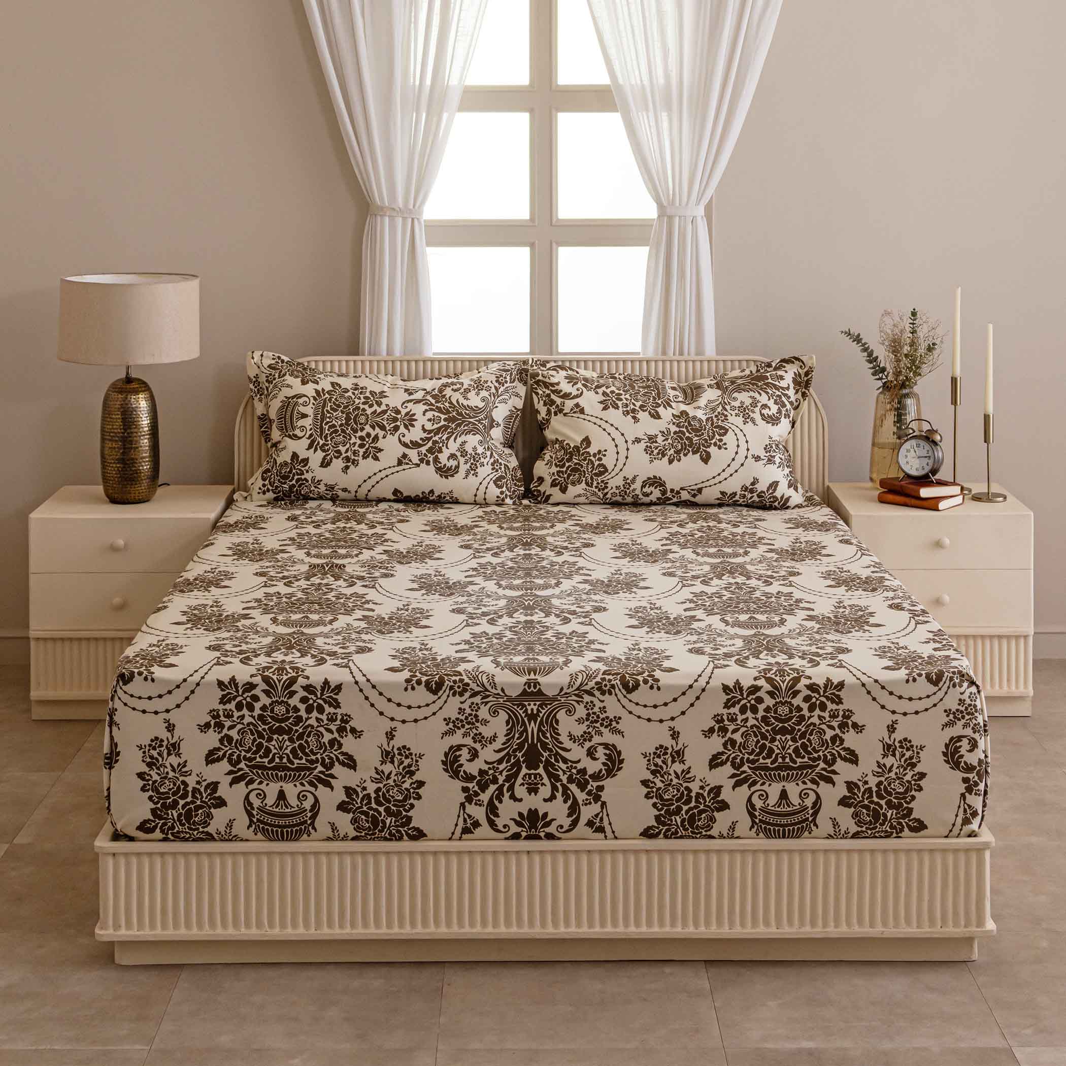 Baroque Splendor - Classic 144TC Roto Cotton Ethnic Motif Queen Fitted Bedsheet (60x73x10 Inches)