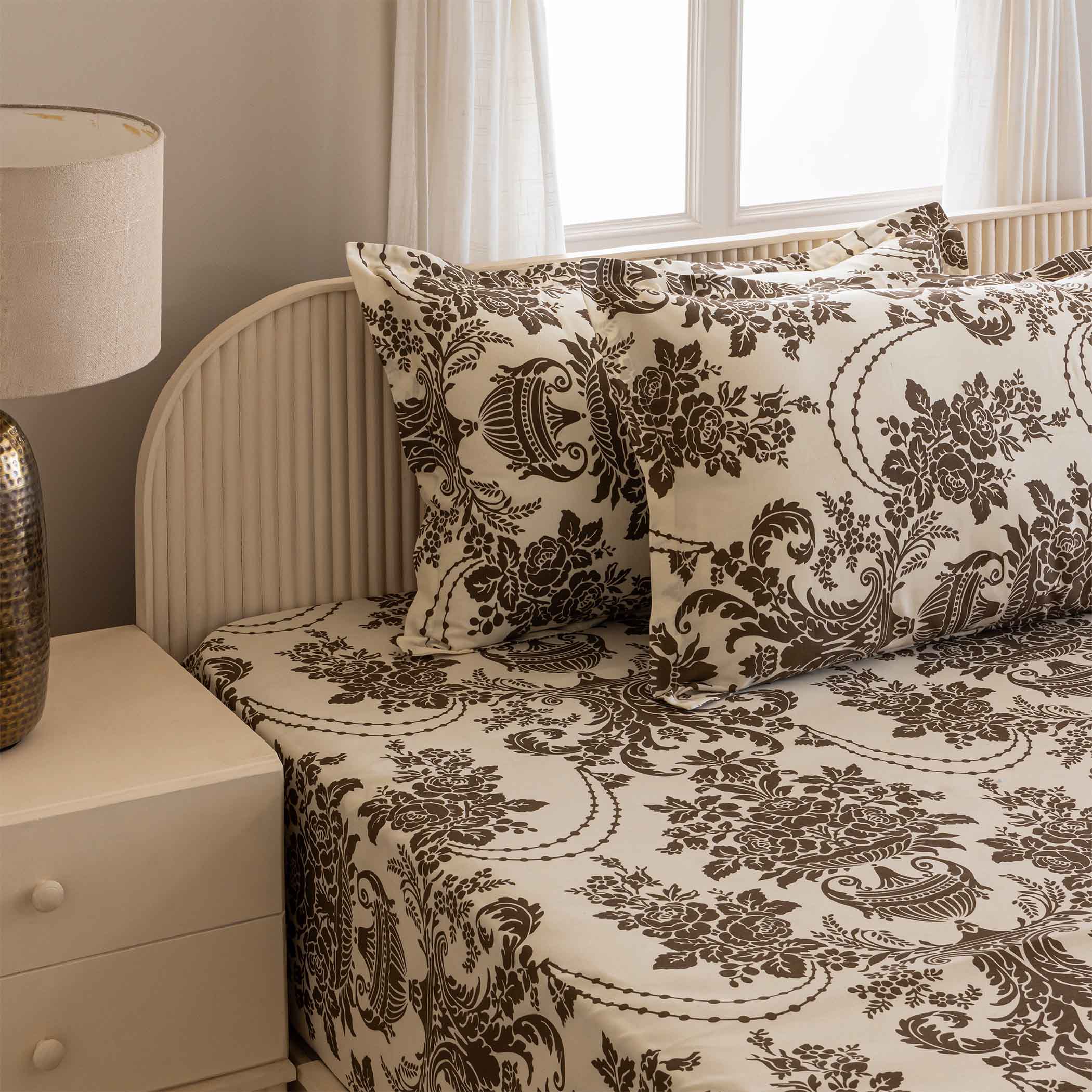 Baroque Splendor - Classic 144TC Roto Cotton Ethnic Motif Queen Fitted Bedsheet (60x73x10 Inches)