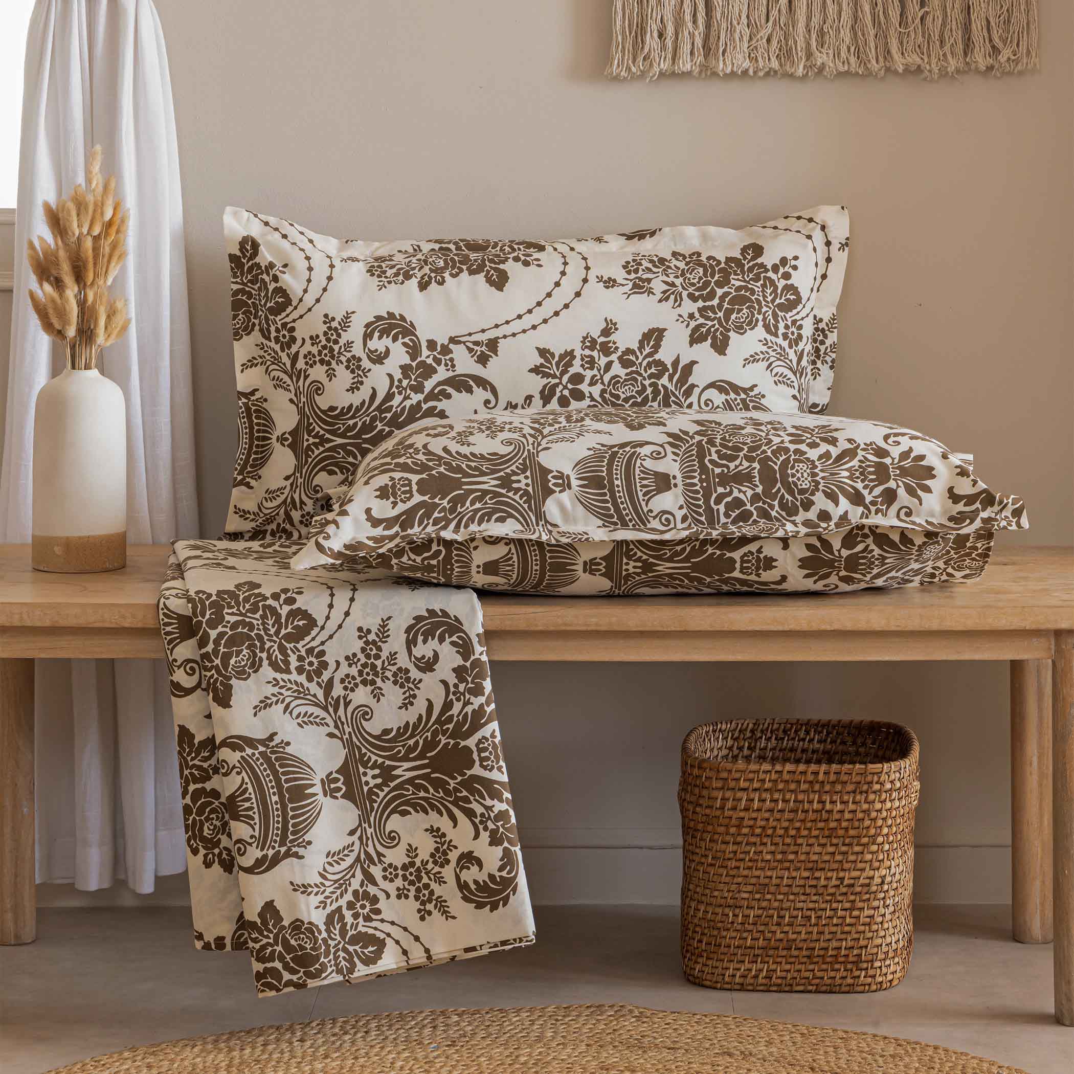 Baroque Splendor - Classic 144TC Roto Cotton Ethnic Motif Single Fitted Bedsheet (36 x 90 x 10 Inches)