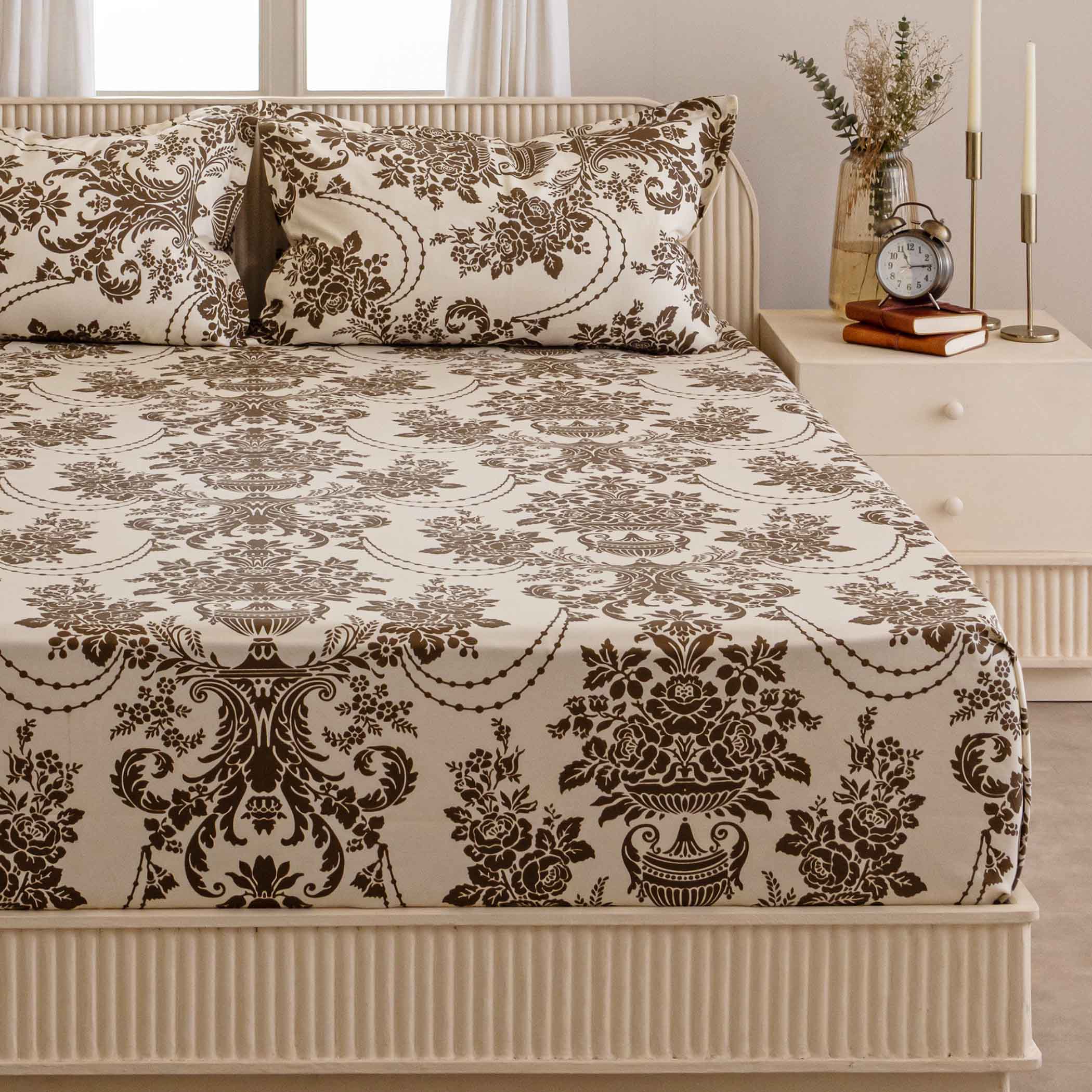 Baroque Splendor - Classic 144TC Roto Cotton Ethnic Motif Single Fitted Bedsheet (36 x 90 x 10 Inches)