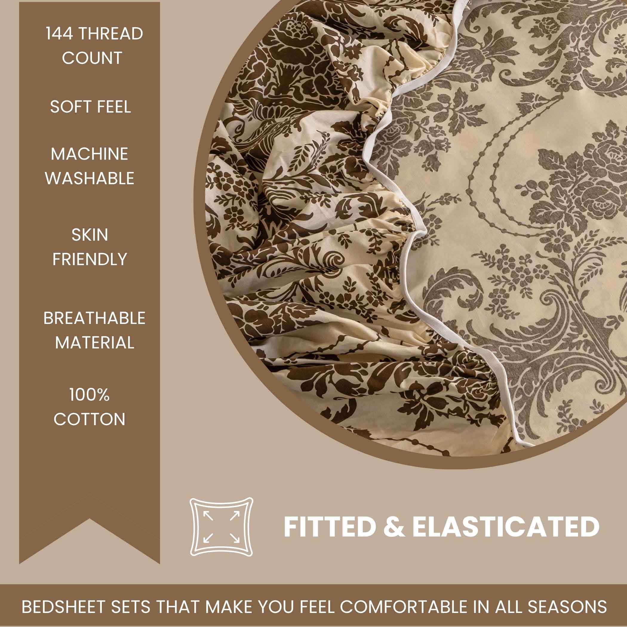 Baroque Splendor - Classic 144TC Roto Cotton Ethnic Motif King Fitted Bedsheet (72x78x10 Inches)