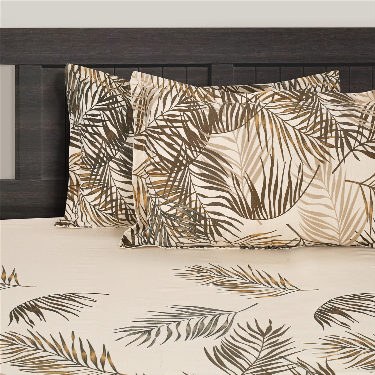 Beige Tropical Leaf King Fitted Bedsheet with 2 Pillow Covers 144TC (72x78x10 inches)