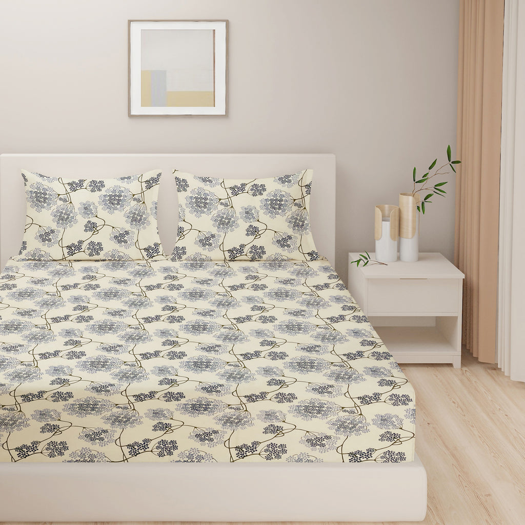 Cream Floral Print Pure Cotton 144 TC King Fitted Bedsheet with 2 Pillow Covers (72x78x10 Inches)