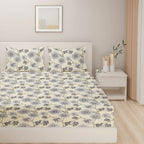 Cream Floral Print Pure Cotton 144 TC King Fitted Bedsheet with 2 Pillow Covers (72x78x10 Inches)