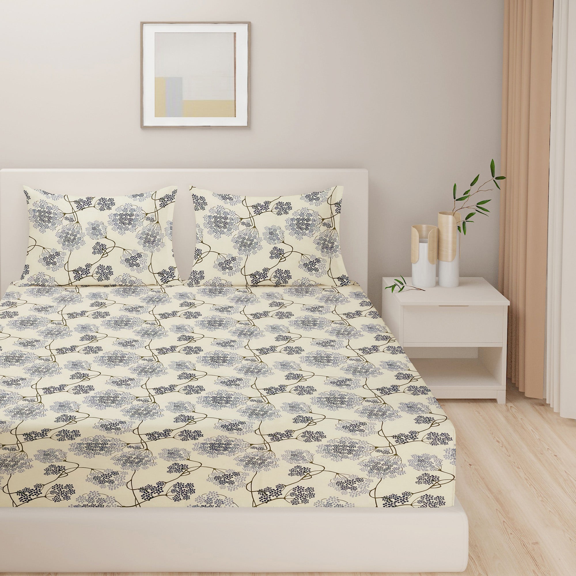 Cream Floral Print Pure Cotton 144 TC King Fitted Bedsheet with 2 Pillow Covers (72x78x10 Inches)