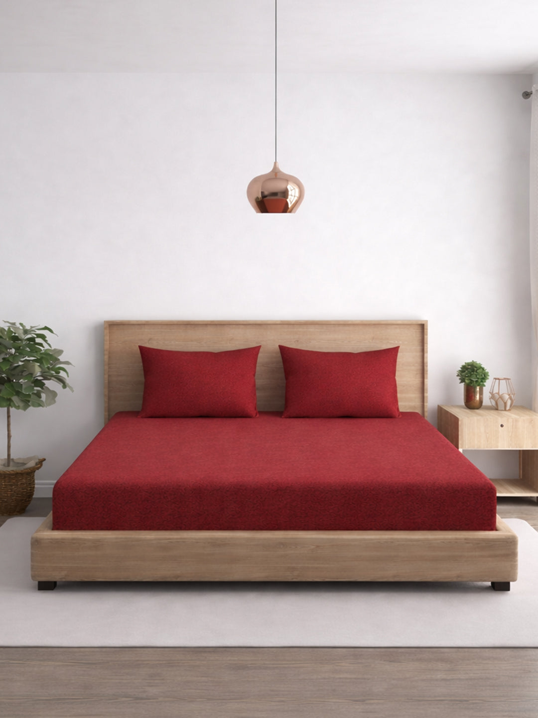 Solid Maroon Thermal King Fitted Bedsheet with 2 Matching Pillow Cover (72x78x10 inches)