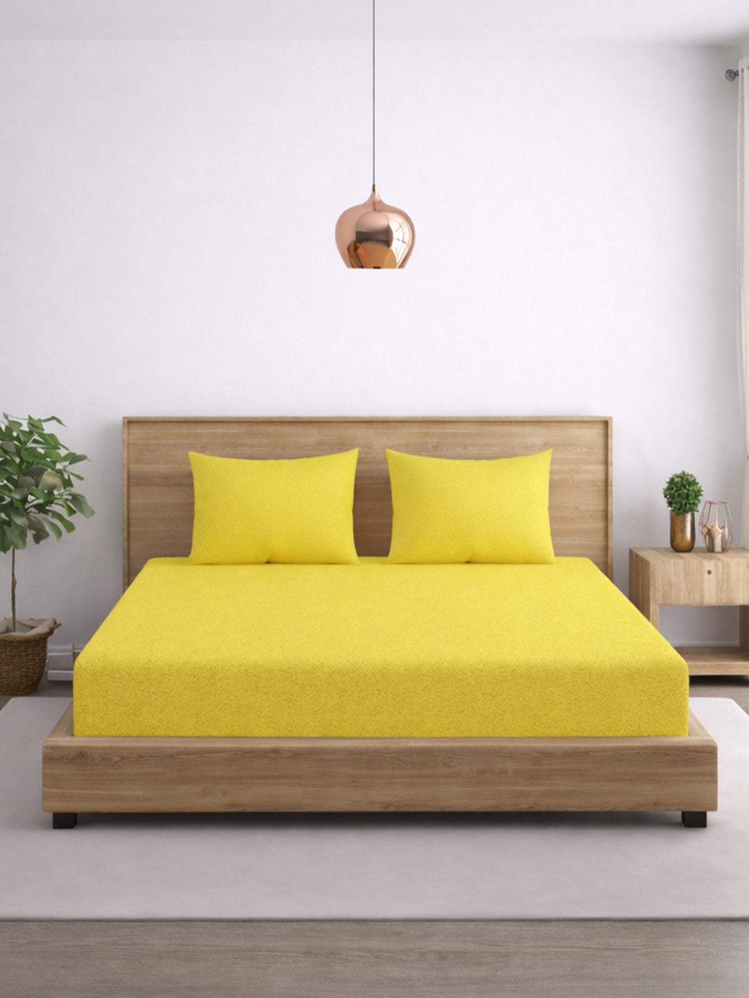 Solid Yellow Thermal King Fitted Bedsheet with 2 Matching Pillow Cover (72x78x10 inches)