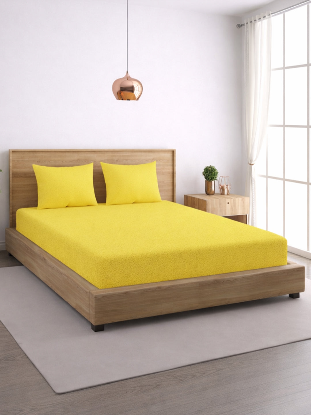 Solid Yellow Thermal King Fitted Bedsheet with 2 Matching Pillow Cover (72x78x10 inches)
