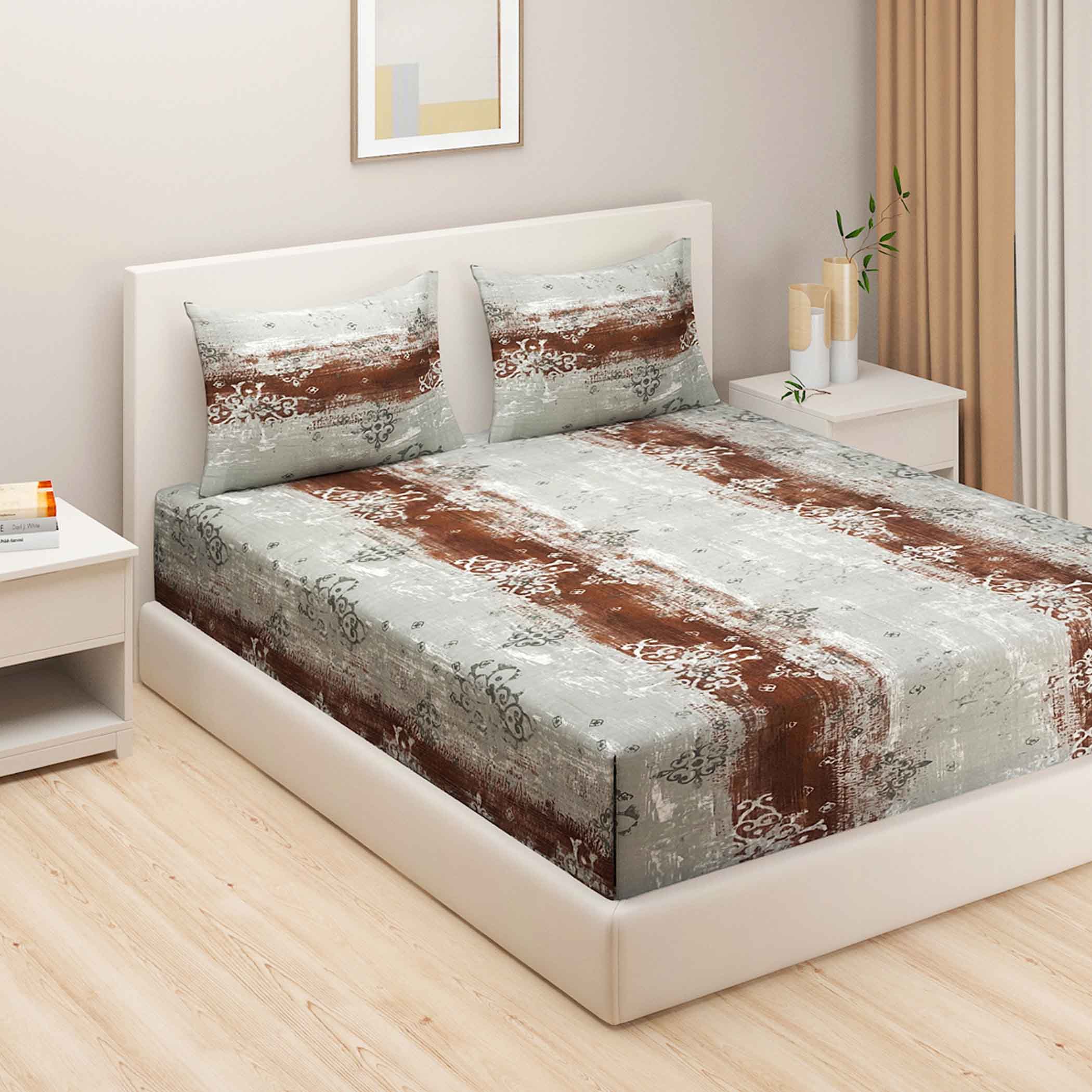 Terra Texture - Rustic Earthen 160TC Cotton Queen Fitted Bedsheet (60x73x10 Inches)