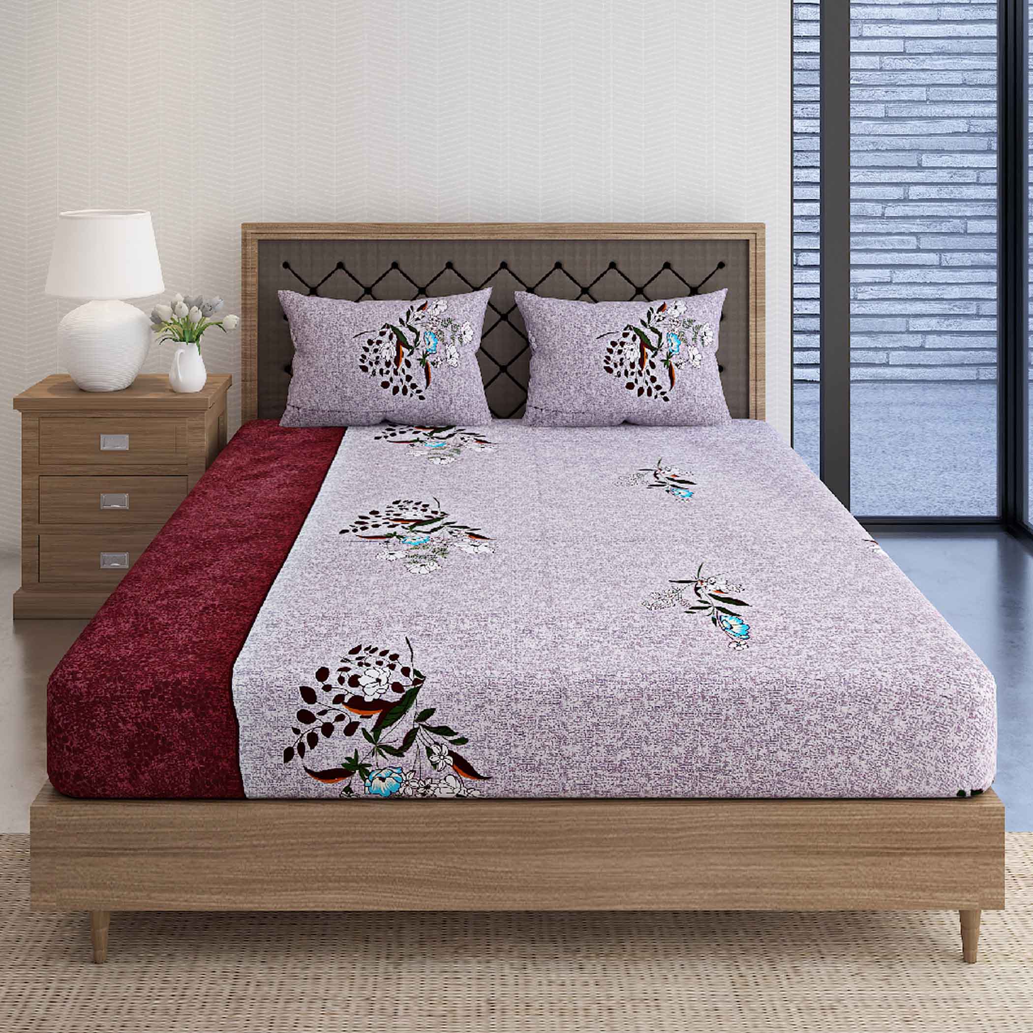 Lavender Charm - 160TC Pure Cotton Queen Fitted Bedsheet (60x73x10 Inches)