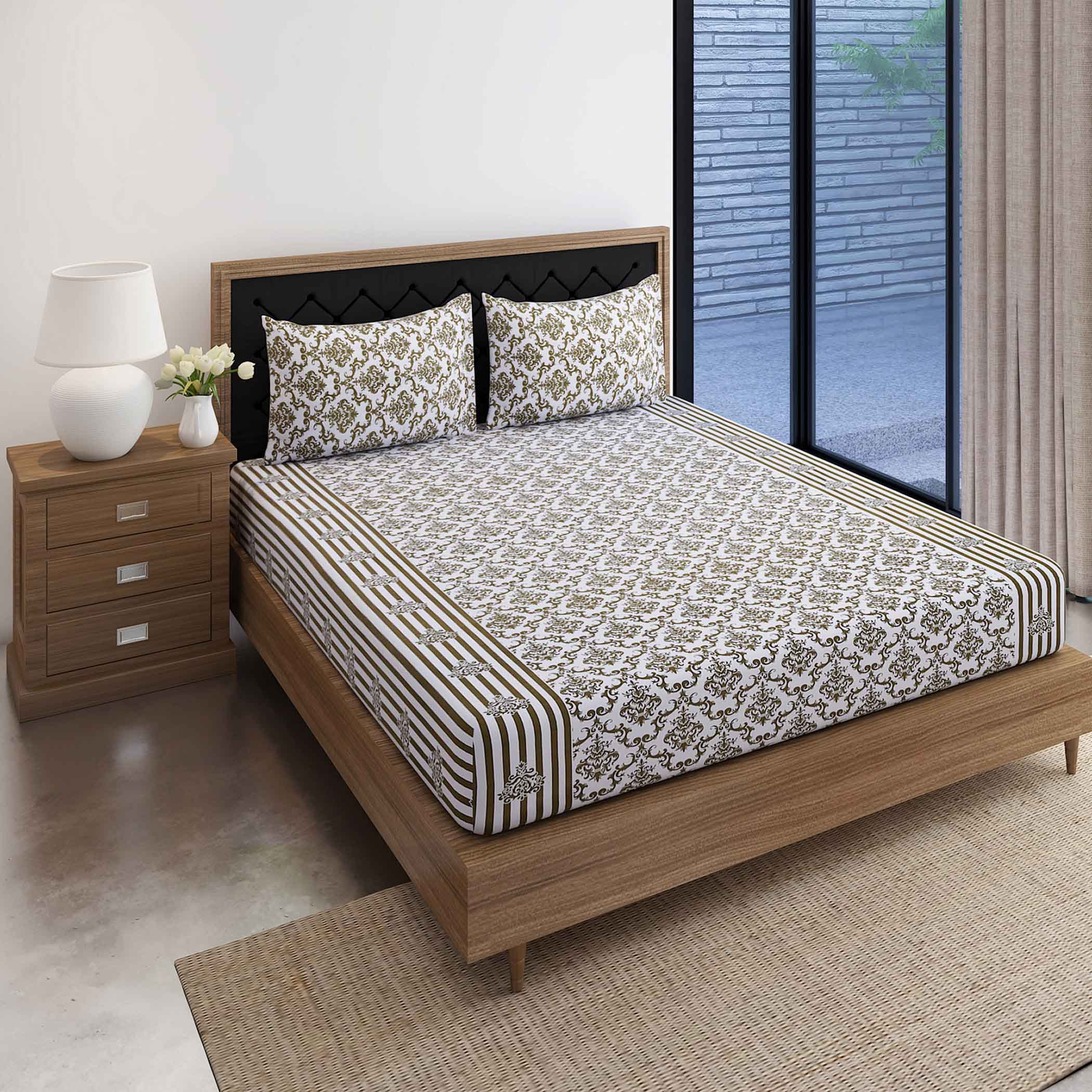 Regal Baroque Elegance 160TC Cotton Queen Fitted Bedsheet (60x73x10 Inches)