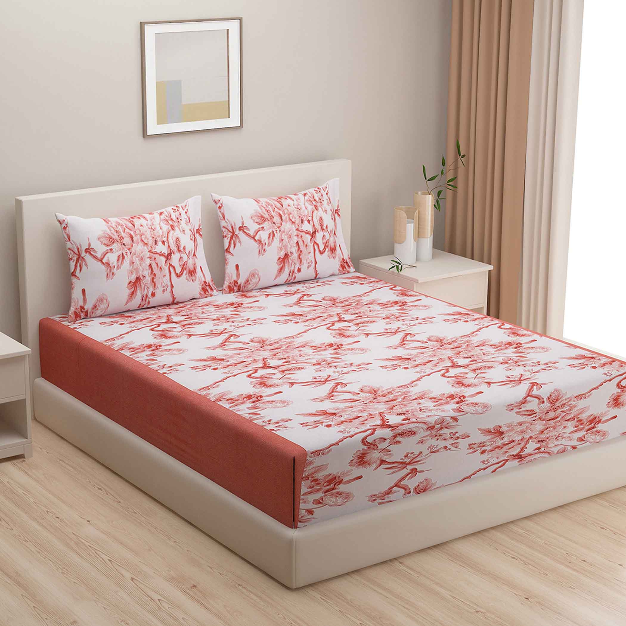 Coral Garden - 160TC Pure Cotton King Fitted Bedsheet (72x78x10 Inches)