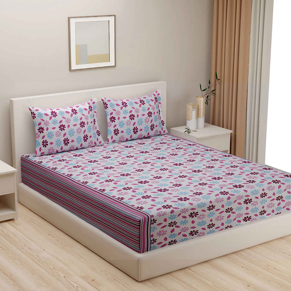 Winter Meadow - 160TC Pure Cotton King Fitted Bedsheet (72x78x10 Inches)