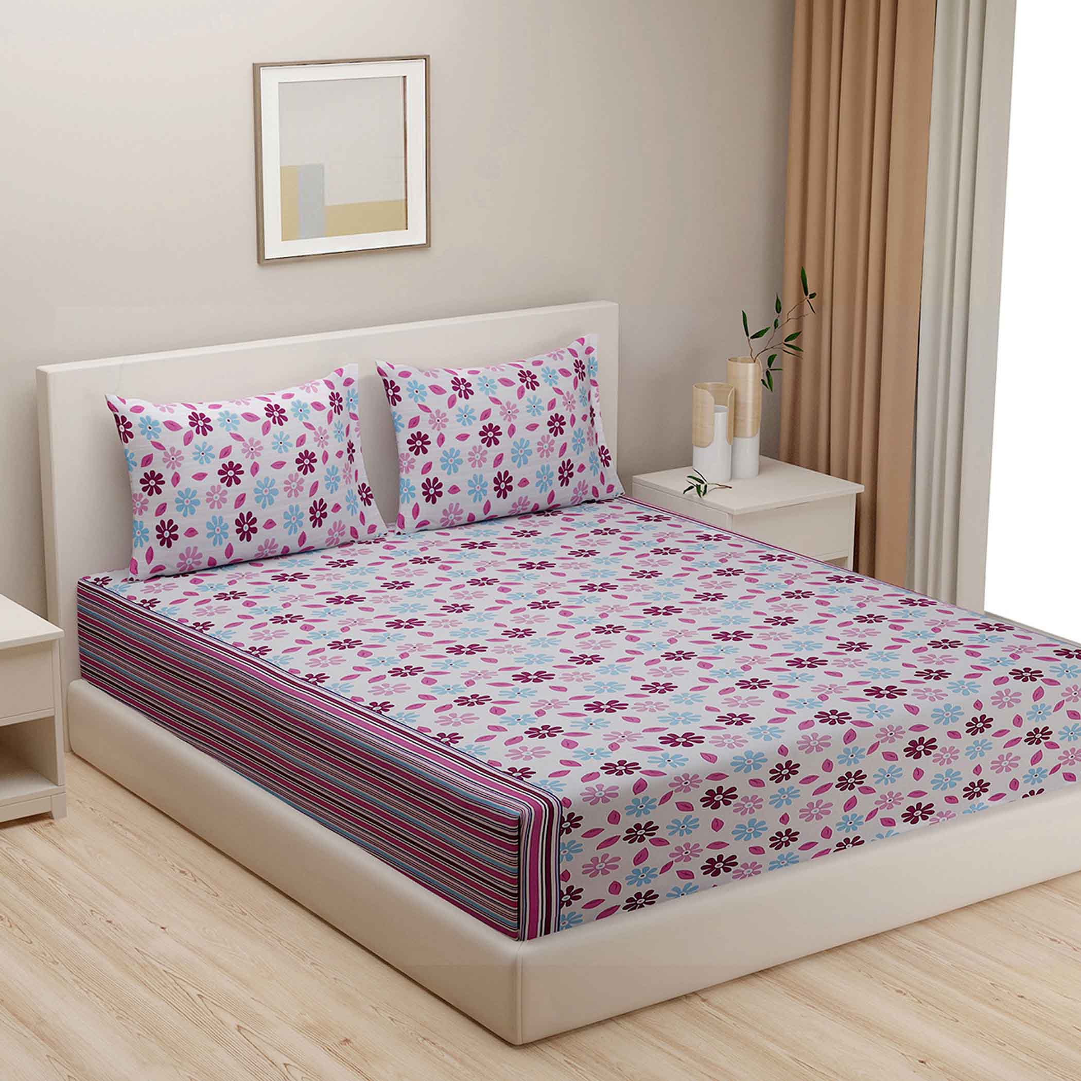 Winter Meadow - 160TC Pure Cotton King Fitted Bedsheet (72x78x10 Inches)