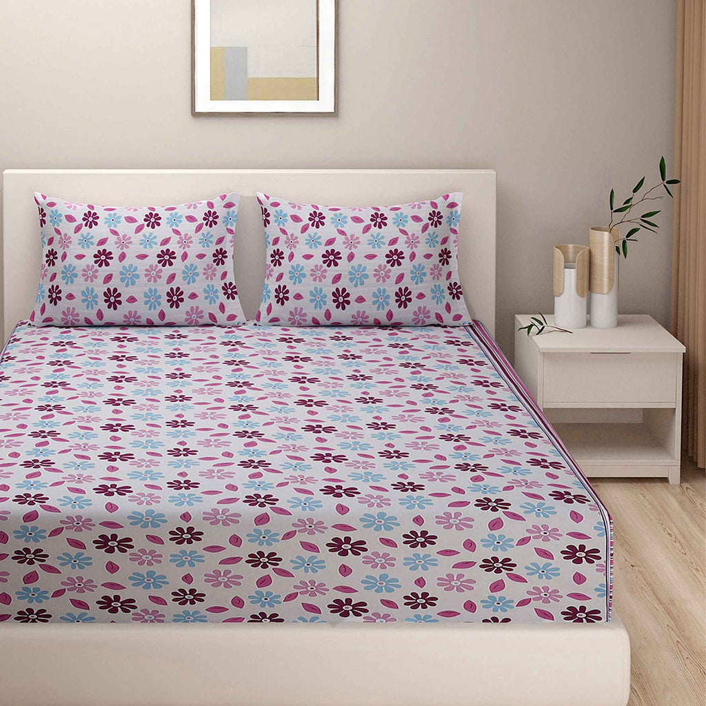 Winter Meadow - 160TC Pure Cotton Queen Fitted Bedsheet (60x73x10 Inches)
