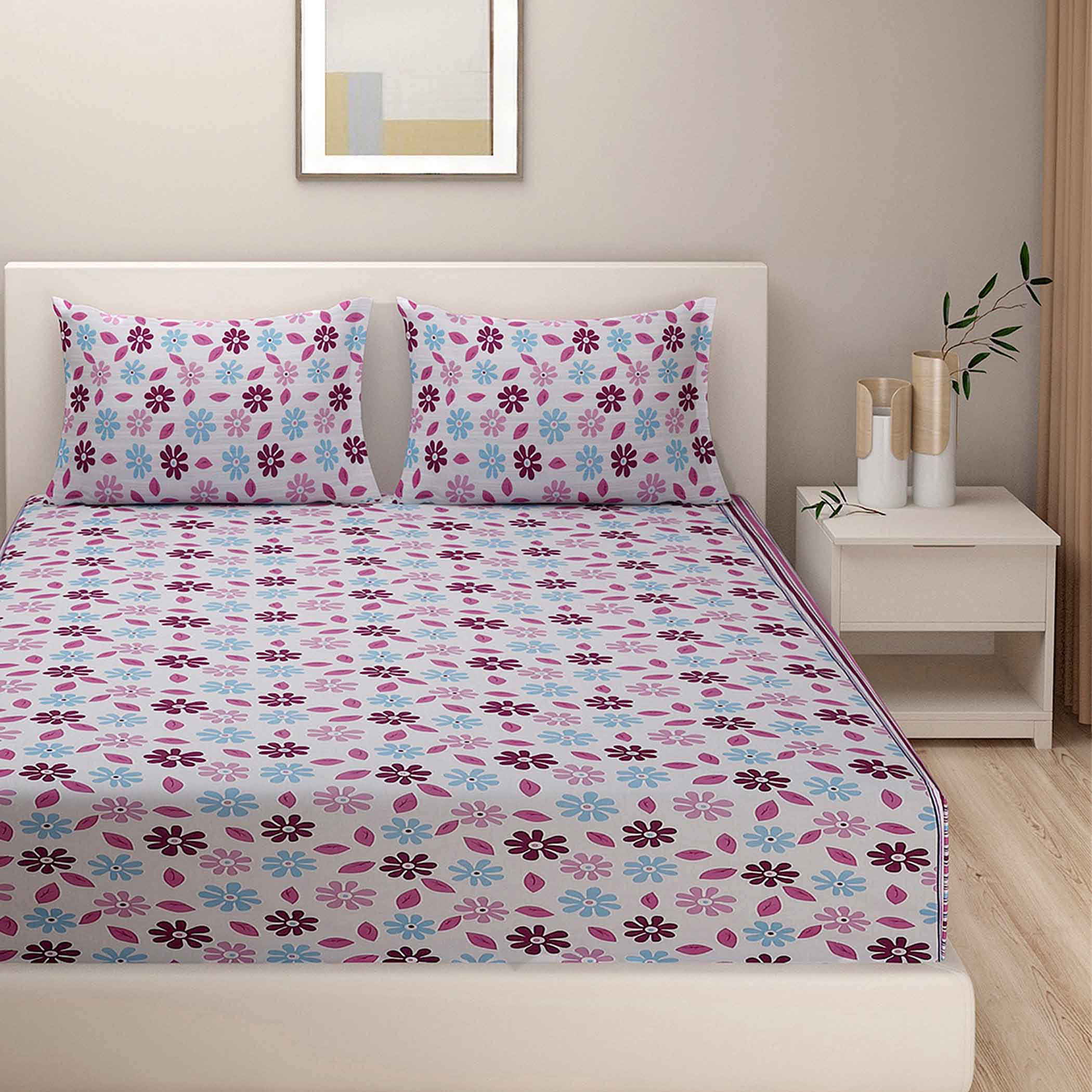 Winter Meadow - 160TC Pure Cotton Queen Fitted Bedsheet (60x73x10 Inches)