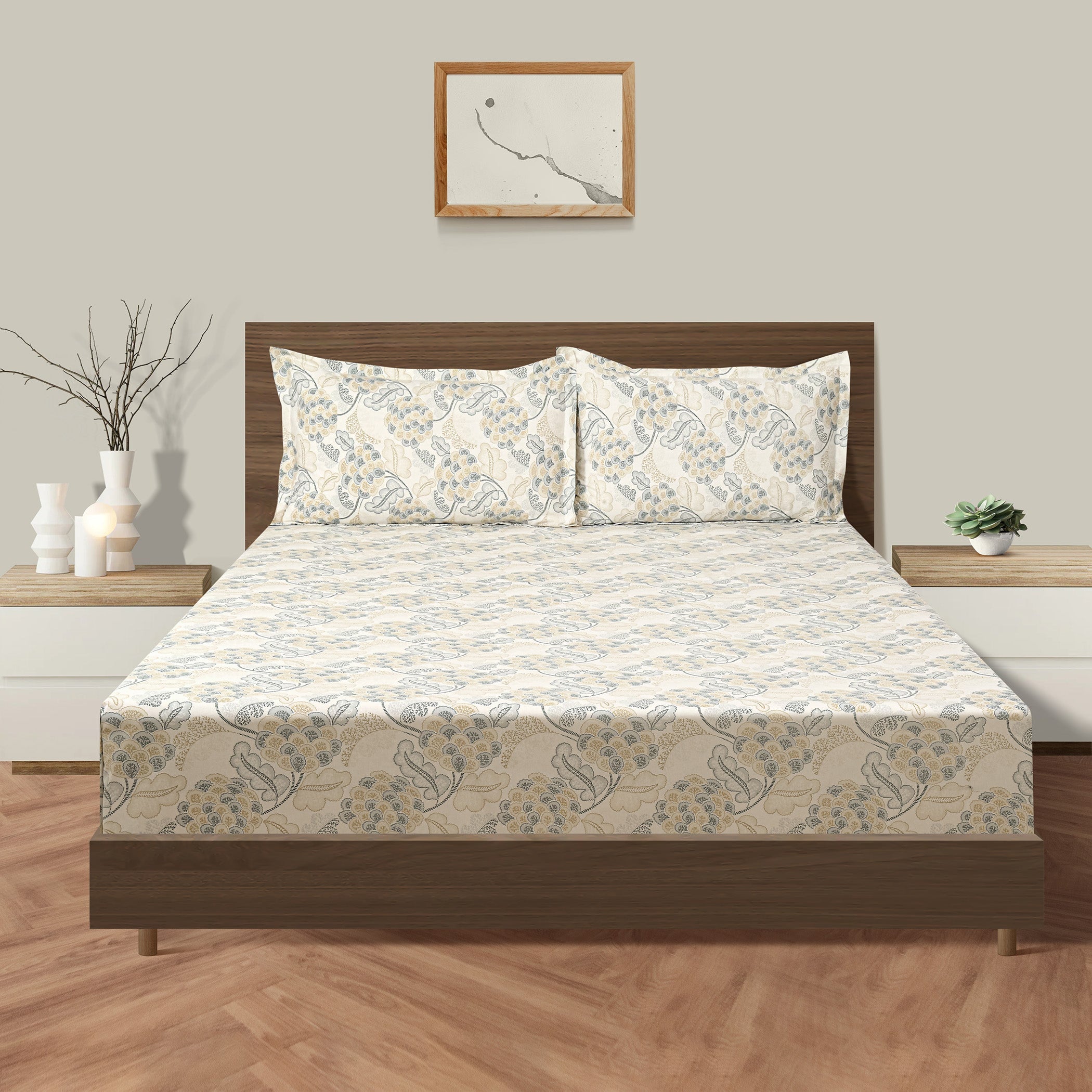 Grey Embrace - 160TC Pure Cotton Queen Fitted Bedsheet (60x73x10 Inches)