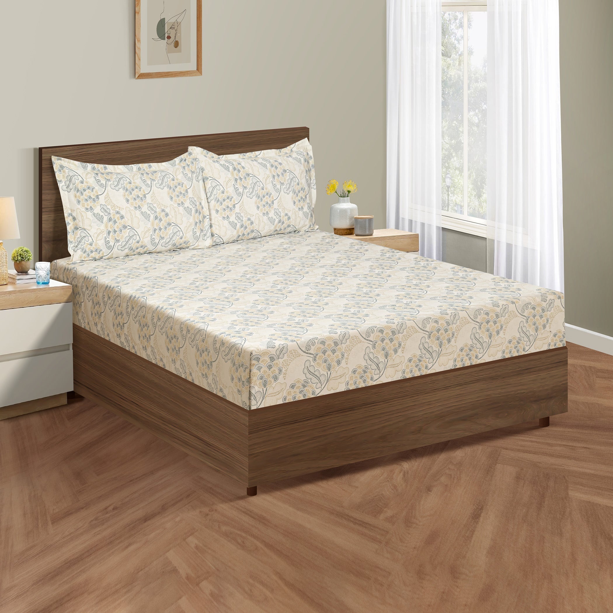 Grey Embrace - 160TC Pure Cotton King Fitted Bedsheet (72x78x10 Inches)