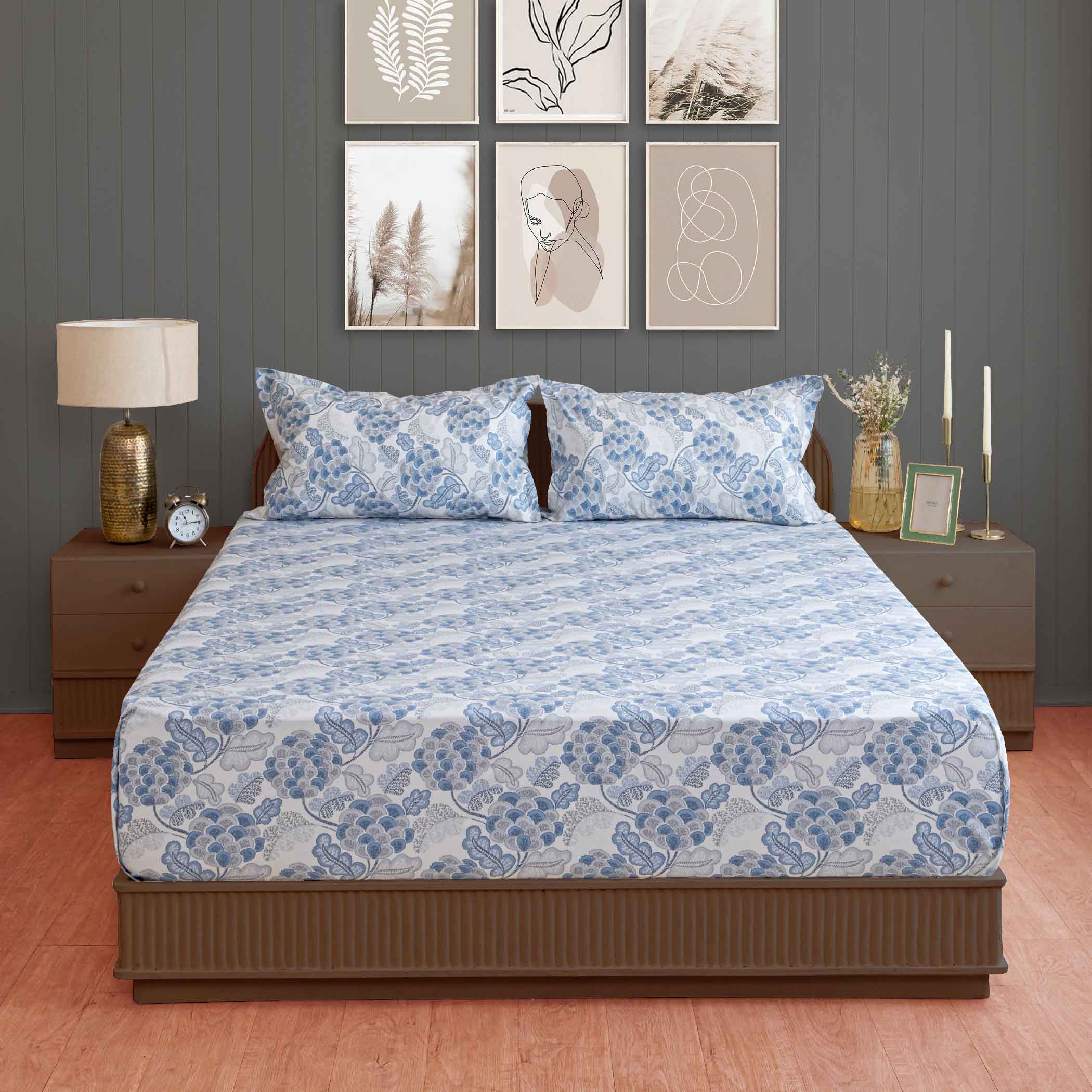 Blue Embrace - 160TC Pure Cotton Queen Fitted Bedsheet (60x73x10 Inches)