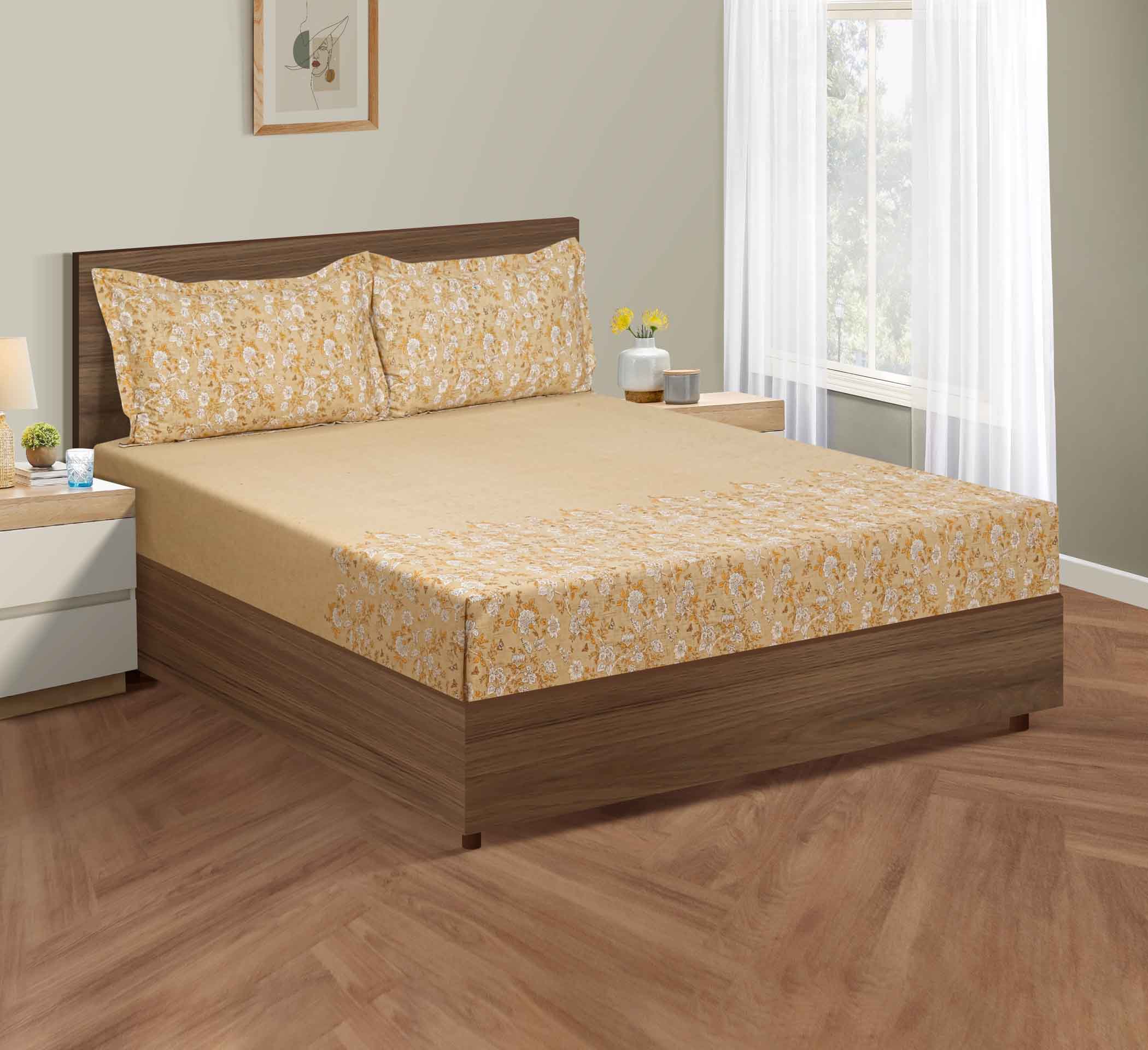 Golden Bloom - 160TC Pure Cotton King Fitted Bedsheet (72x78x10 Inches)