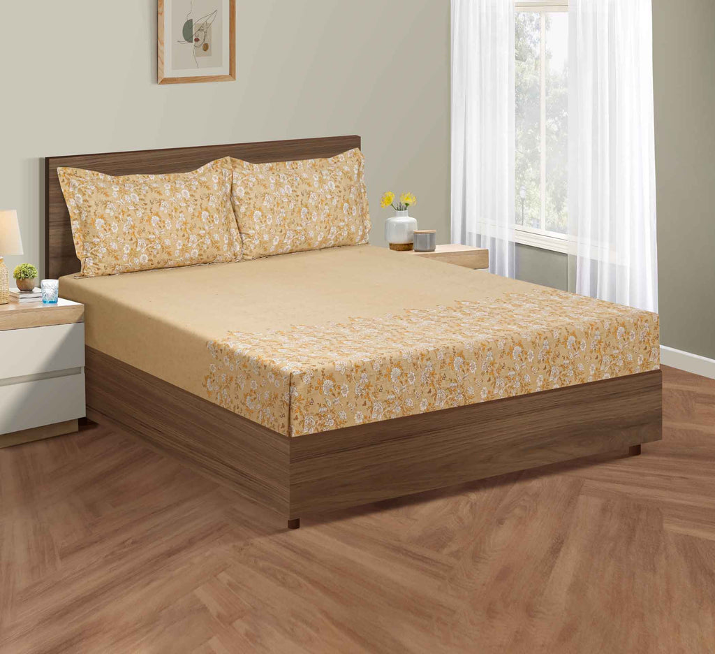 Golden Bloom - 160TC Pure Cotton Queen Fitted Bedsheet (60x73x10 Inches)