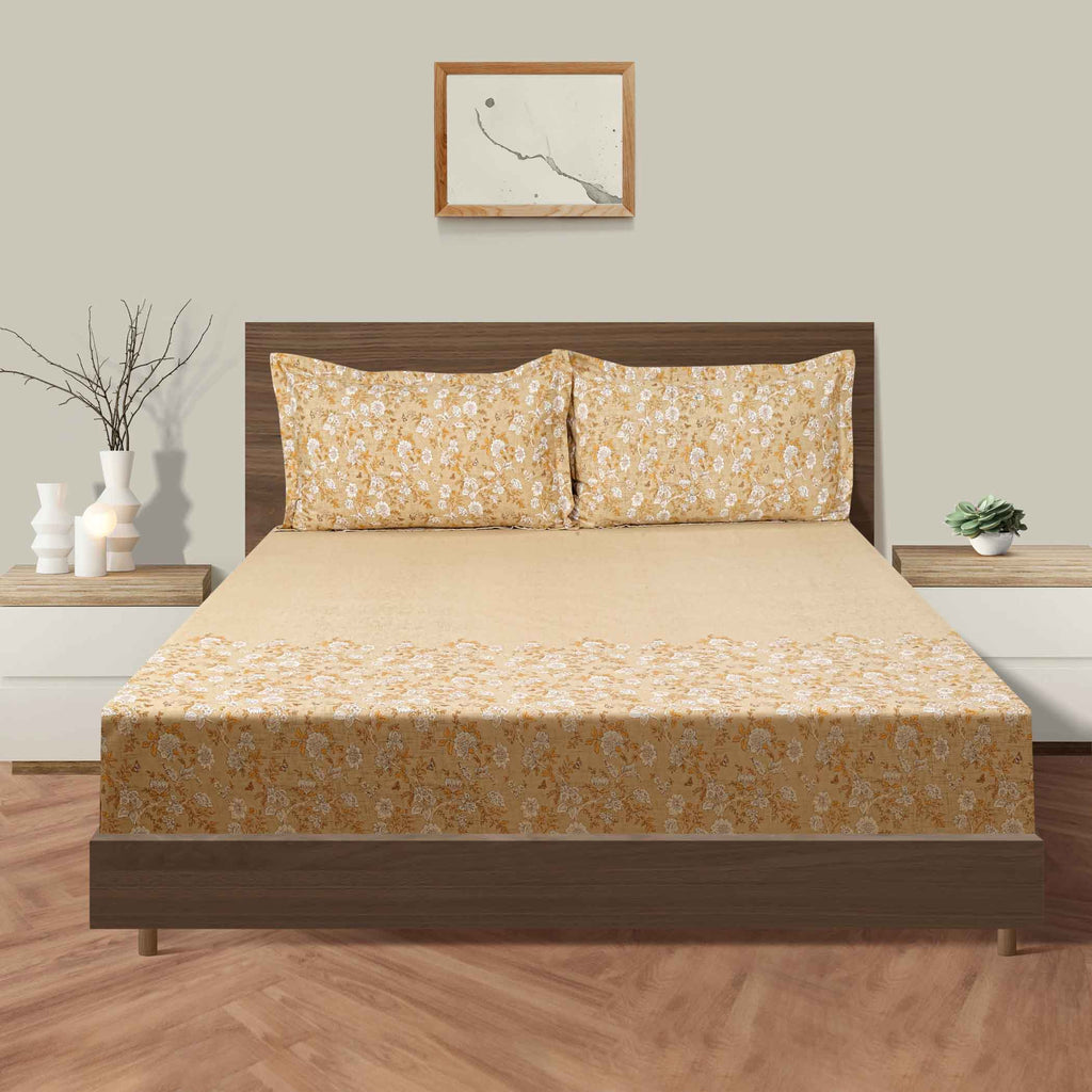 Golden Bloom - 160TC Pure Cotton Queen Fitted Bedsheet (60x73x10 Inches)