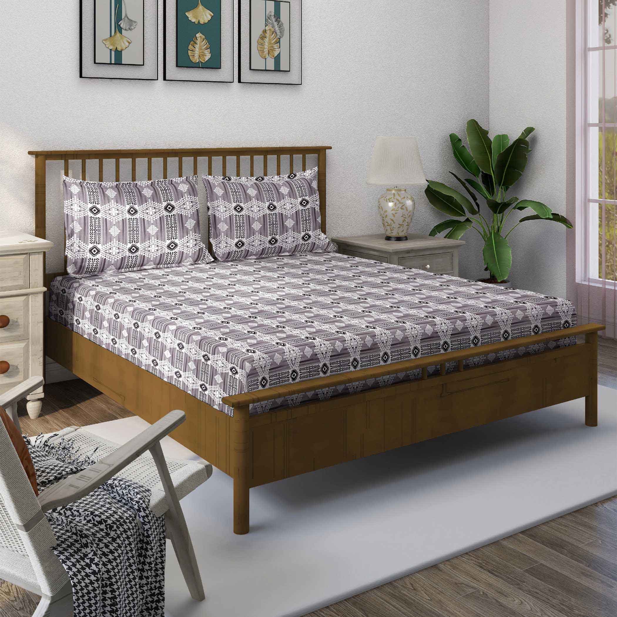 Purple Aztec - 160TC Pure Cotton Queen Fitted Bedsheet (60x73x10 Inches)