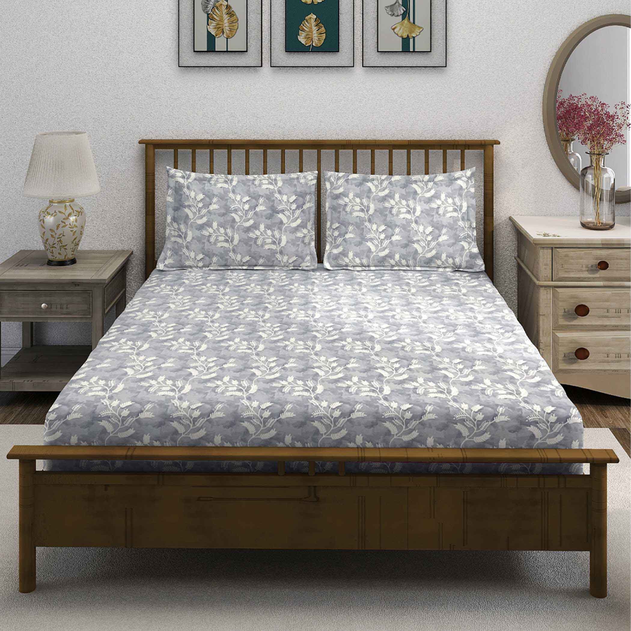 Grey Serenity - Leafy 160TC Pure Cotton King Fitted Bedsheet (72x78x10 Inches)