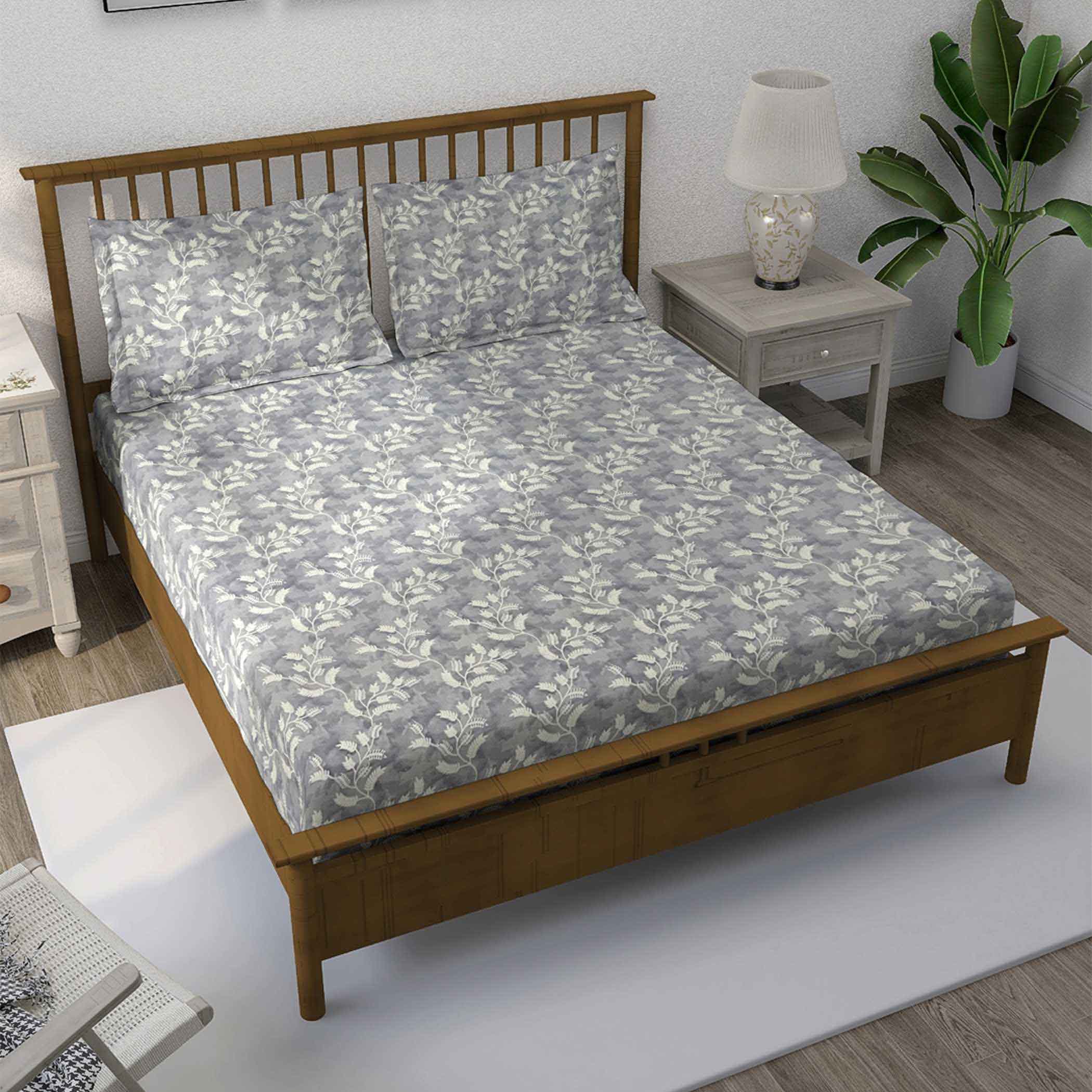 Grey Serenity - Leafy 160TC Pure Cotton Queen Fitted Bedsheet (60x73x10 Inches)