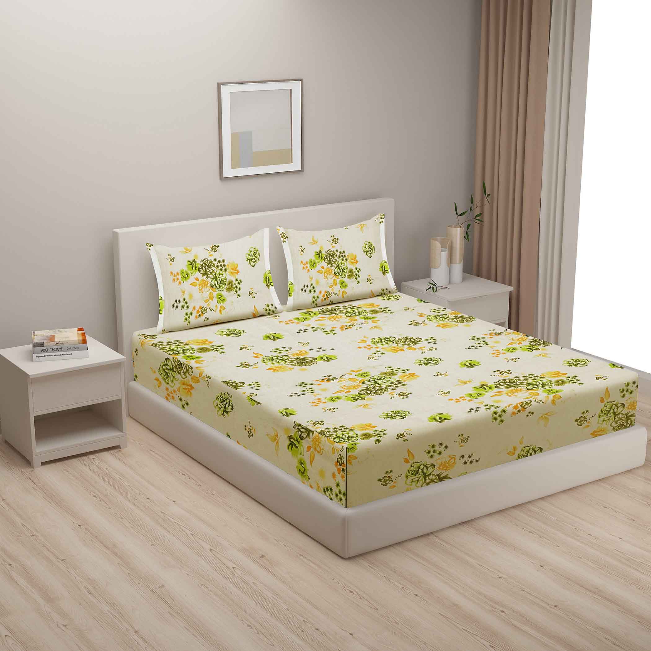 Green Meadow - 160TC Pure Cotton King Fitted Bedsheet (72x78x10 Inches)