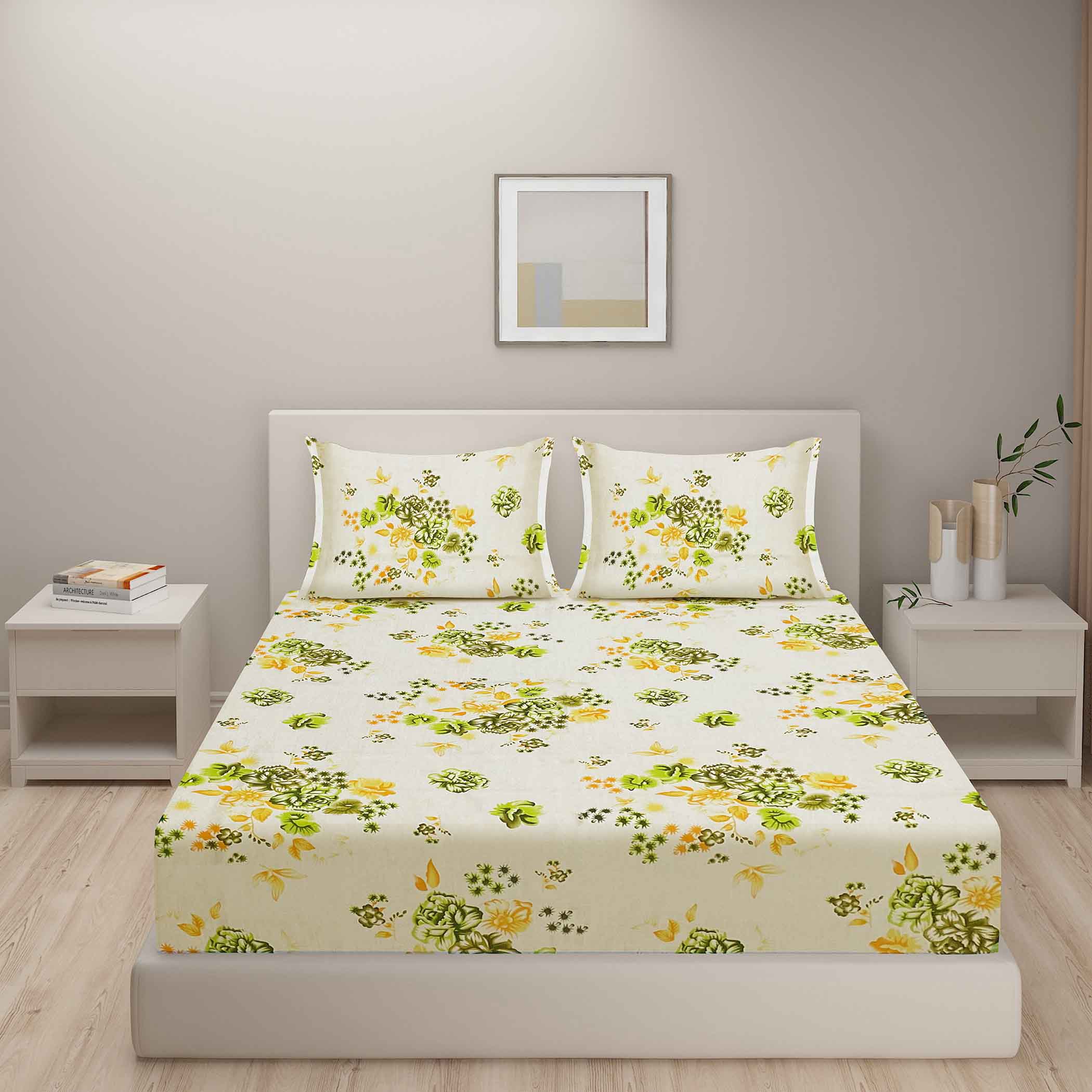 Green Meadow - 160TC Pure Cotton King Fitted Bedsheet (72x78x10 Inches)
